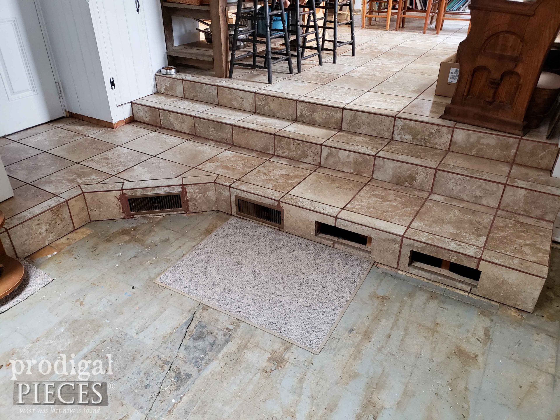 Tiled Steps Before DIY Floating Floor | prodigalpieces.com