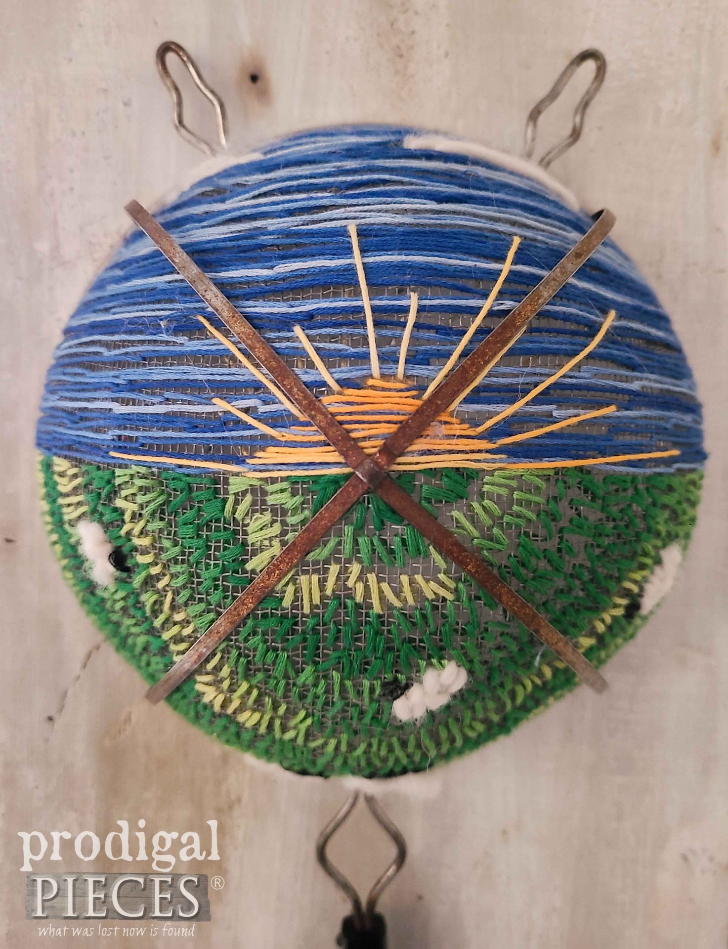 Sunrise and Sheep Embroidery Art on Vintage Strainer by Larissa of Prodigal Pieces | prodigalpieces.com #prodigalpieces #embroidery #art #upcycled #farmhouse