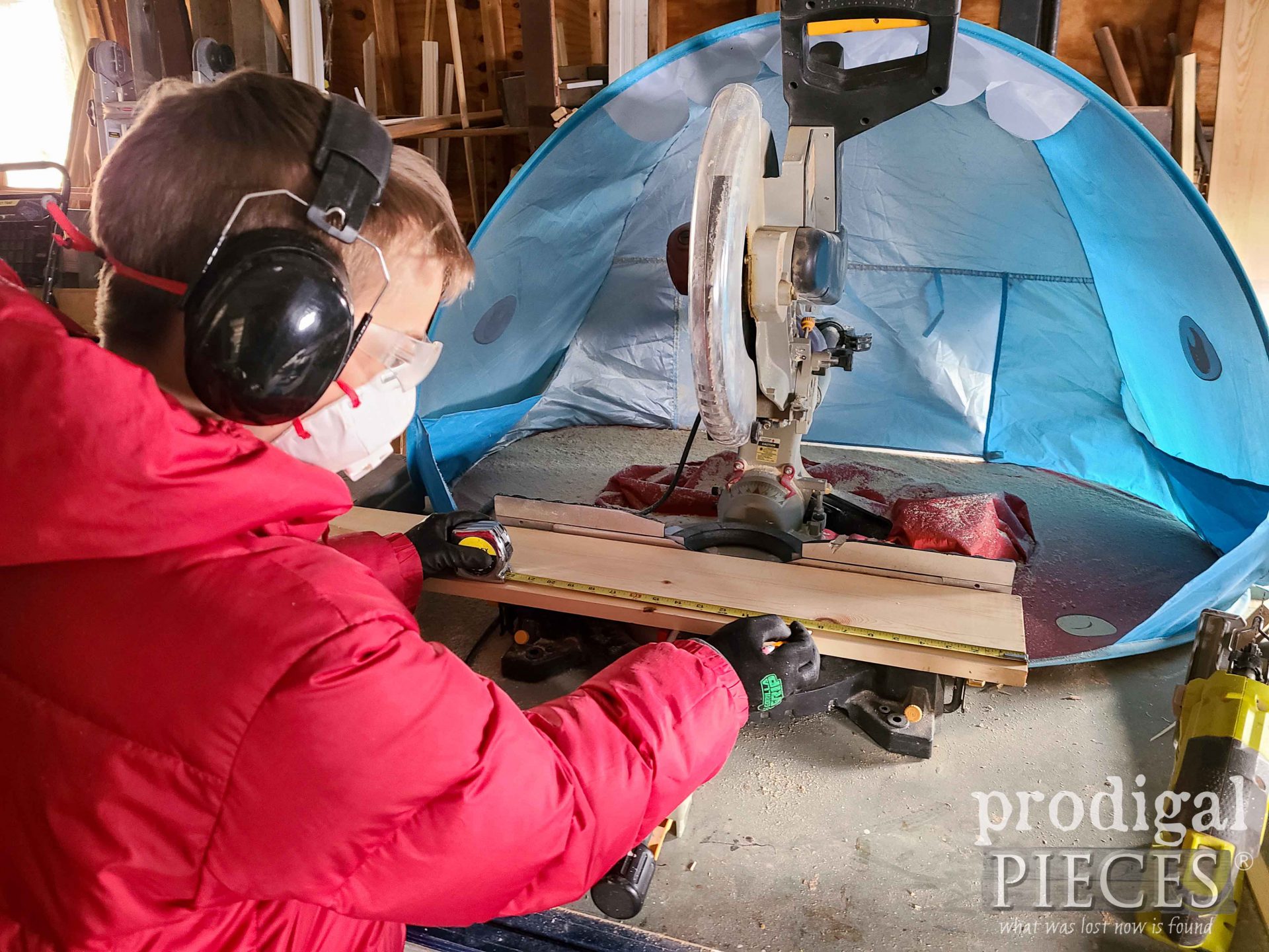 Boy Using Miter Saw for DIY Birdhouse | prodigalpieces.com #prodigalpieces