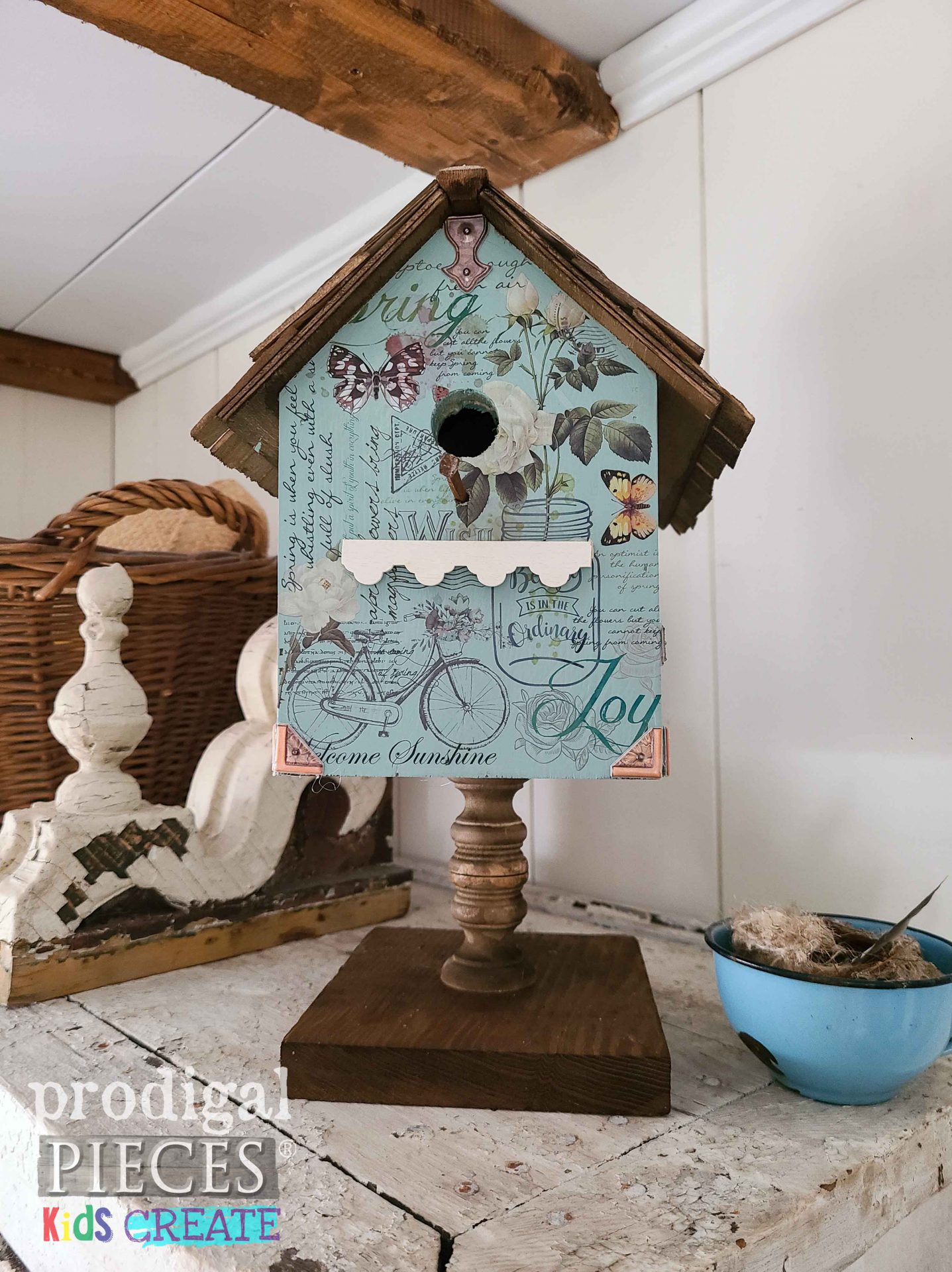 Cottage Style Decoupage Birdhouse by Prodigal Pieces KIDS Create | prodigalpieces.com #prodigalpieces #kidscreate #woodworking #spring