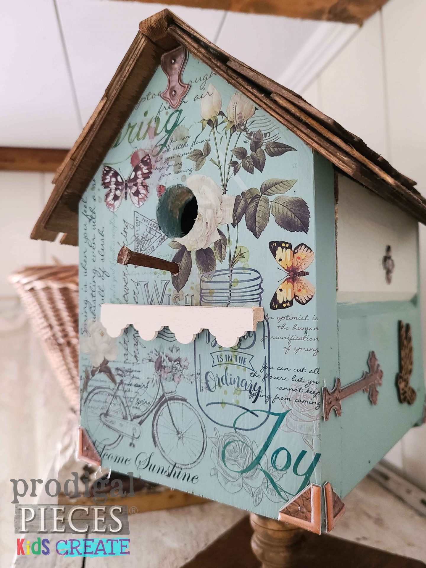 Cottage Style Birdhouse from Prodigal Pieces KIDS Create Tutorail at prodigalpieces.com #prodigalpieces #cottage #birdhouse #diy