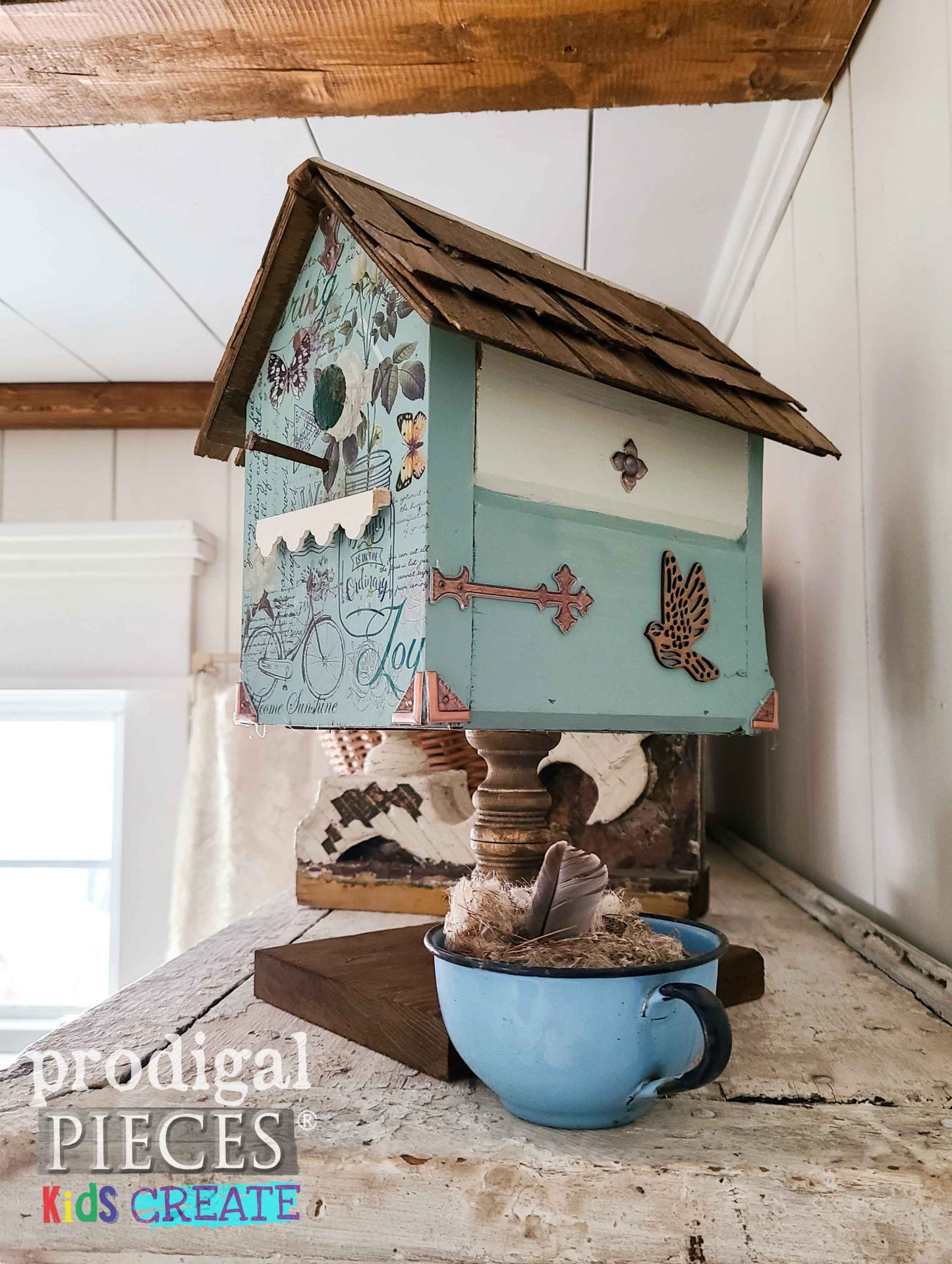 Decoupage DIY Birdhouse by Prodigal Pieces KIDS Create | prodigalpieces.com #prodigalpieces #woodworking #diy #kids #cottage
