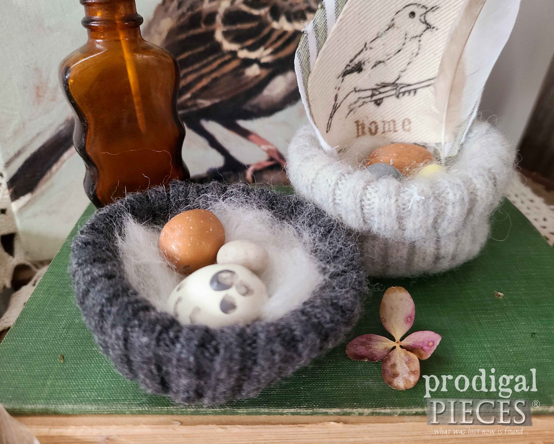 Dark Gray Upcycled Bird Nest Made from Felted Wool Sweater Cuff by Larissa of Prodigal Pieces | prodigalpieces.com #prodigalpieces #upcycled #spring #crafts