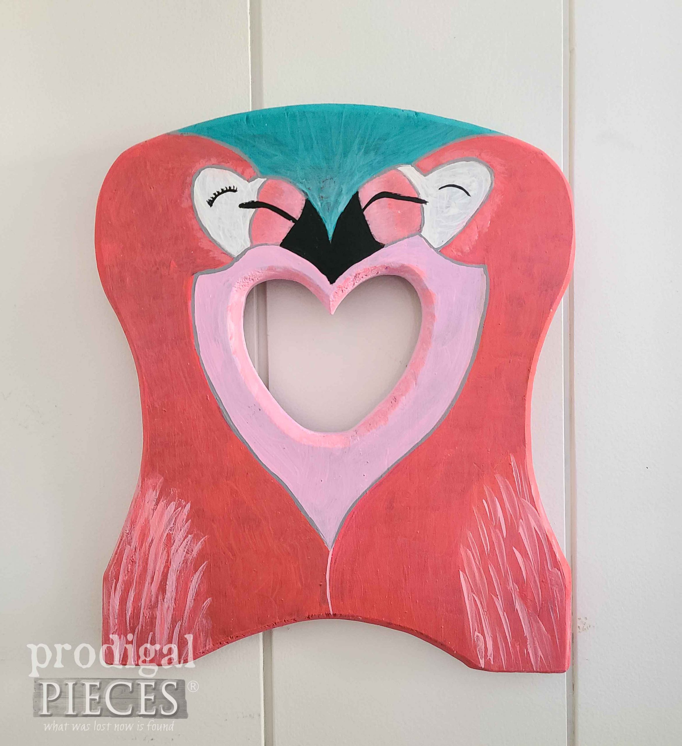 Hand-Painted Flamingo Art from Heart Cut-Out Furniture Upcycle by Larissa of Prodigal Pieces | prodigalpieces.com #prodigalpieces #art #upcycled #diy