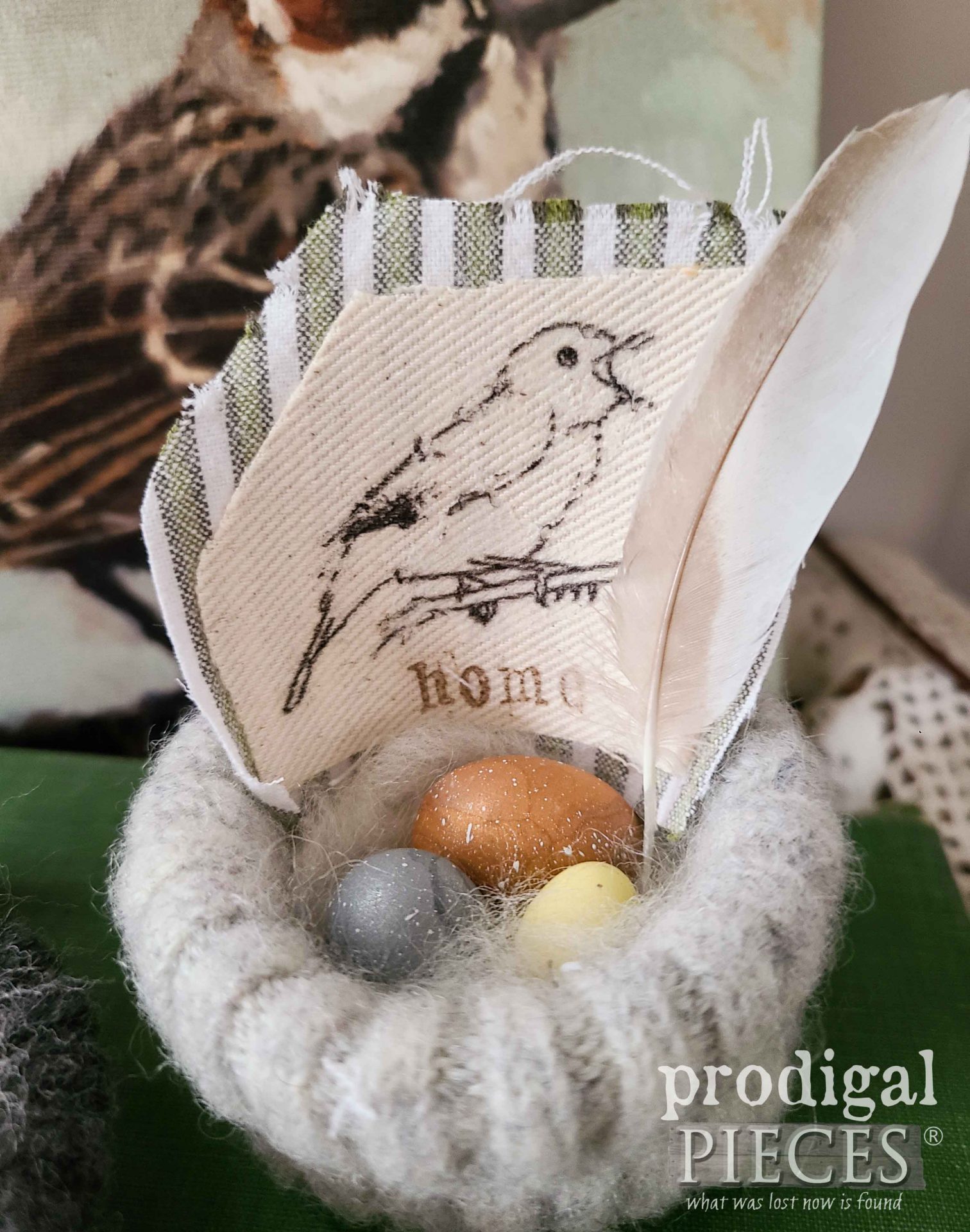 Handmade Upcycled Bird Nest with Speckled Eggs by Larissa of Prodigal Pieces | prodigalpieces.com #prodigalpieces #nest #spring #bird #farmhouse #upcycled