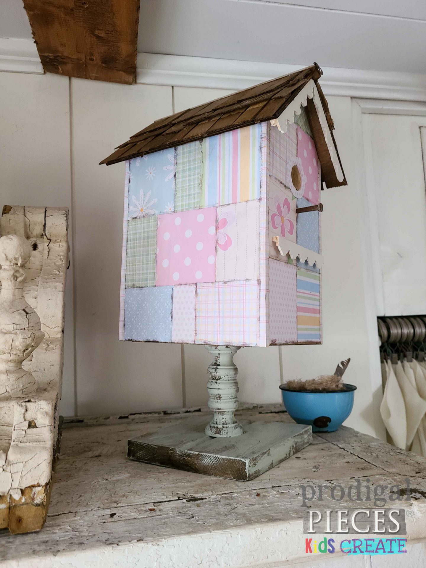 Left Side of Quilt Birdhouse for Spring Decor by Prodigal Pieces KIDS Create | prodigalpieces.com #prodigalpieces #birdhouse #kids #woodworking
