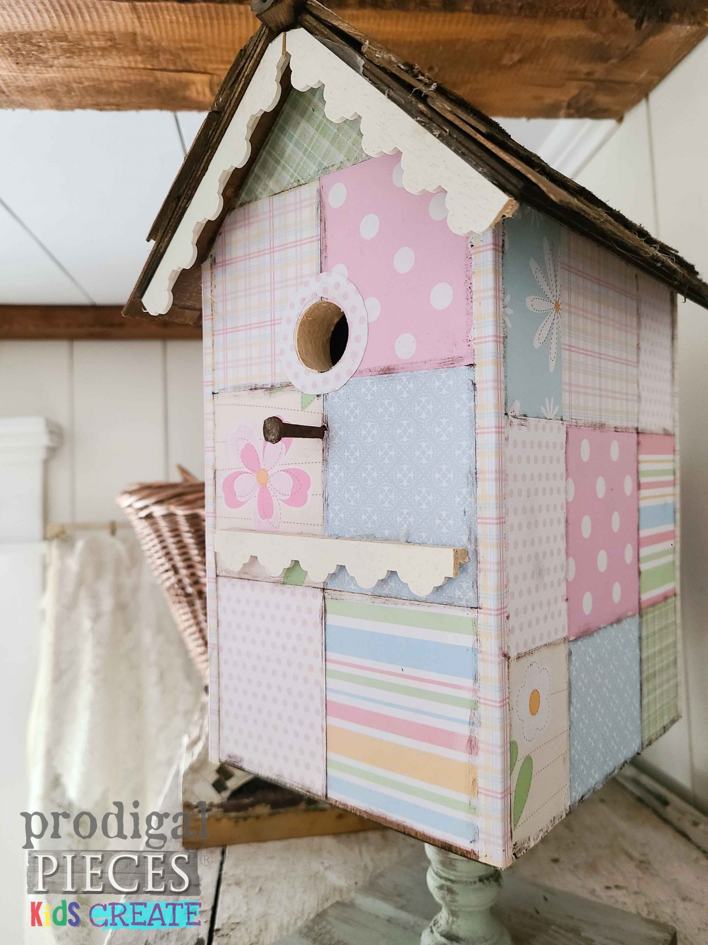 Quilted Birdhouse with Decoupage Scrapbook Paper for KIDS Create by Prodigal Pieces | prodigalpieces.com #prodigalpieces #quilt #diy #kids #spring