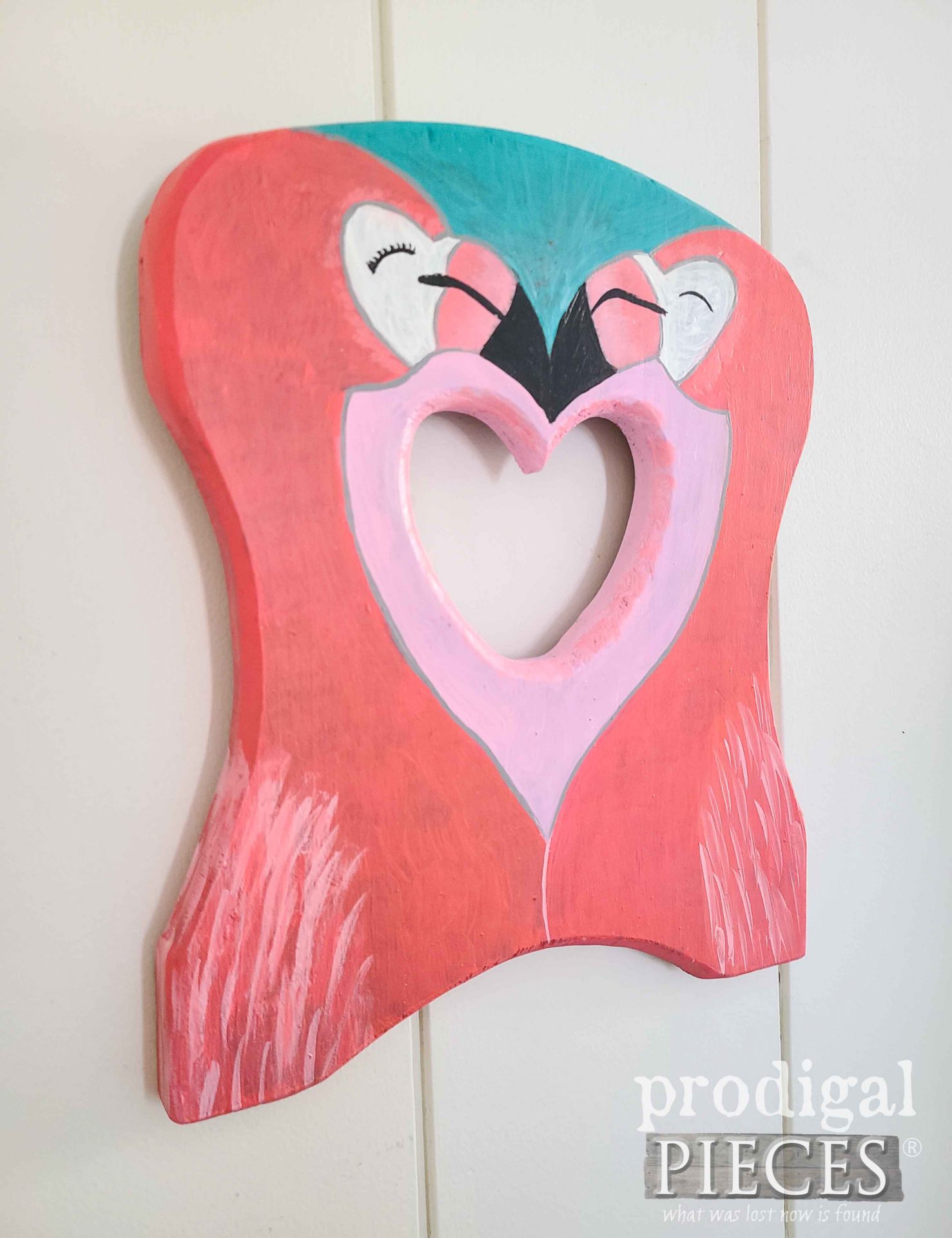 Side View of Upcycled Hand-Painted Flamingo Art by Larissa of Prodigal Pieces | prodigalpieces.com #prodigalpieces #birds #diy #home #art