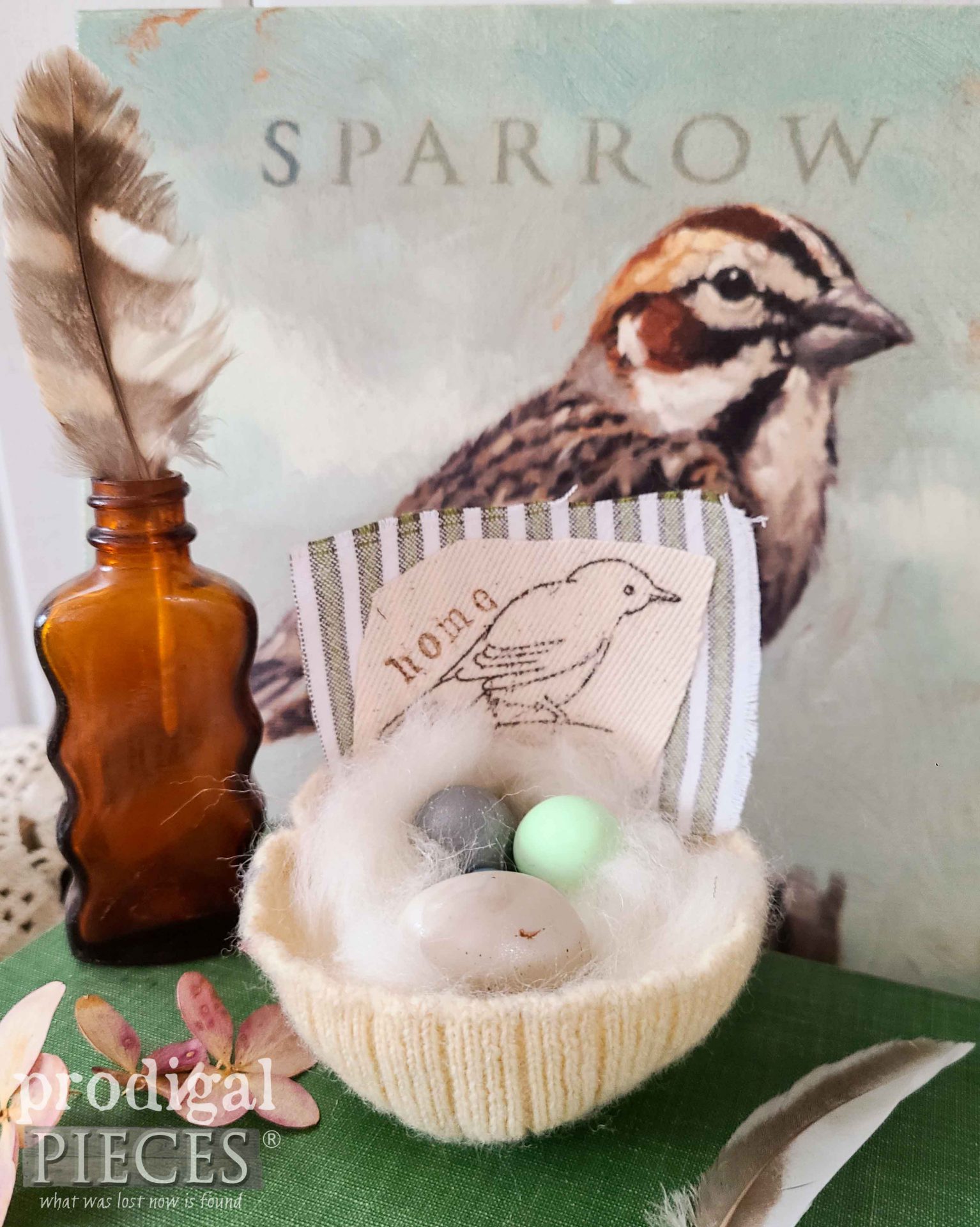 Soft Yellow Upcycled Bird Nest with Clay Eggs Made by Larissa of Prodigal Pieces | proidgalpieces.com #prodigalpieces #spring #diy #crafts