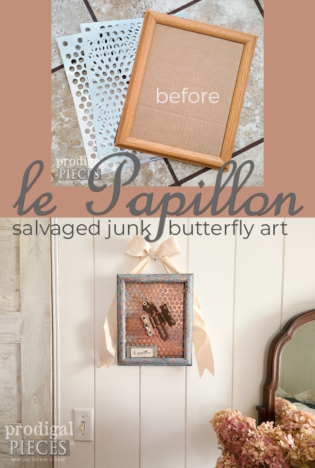 A thrifted picture frame becomes so much more when Larissa of Prodigal Pieces creates butterfly wall art from salvaged junk | prodigalpieces.com #prodigalpieces #art #home #diy #butterfly