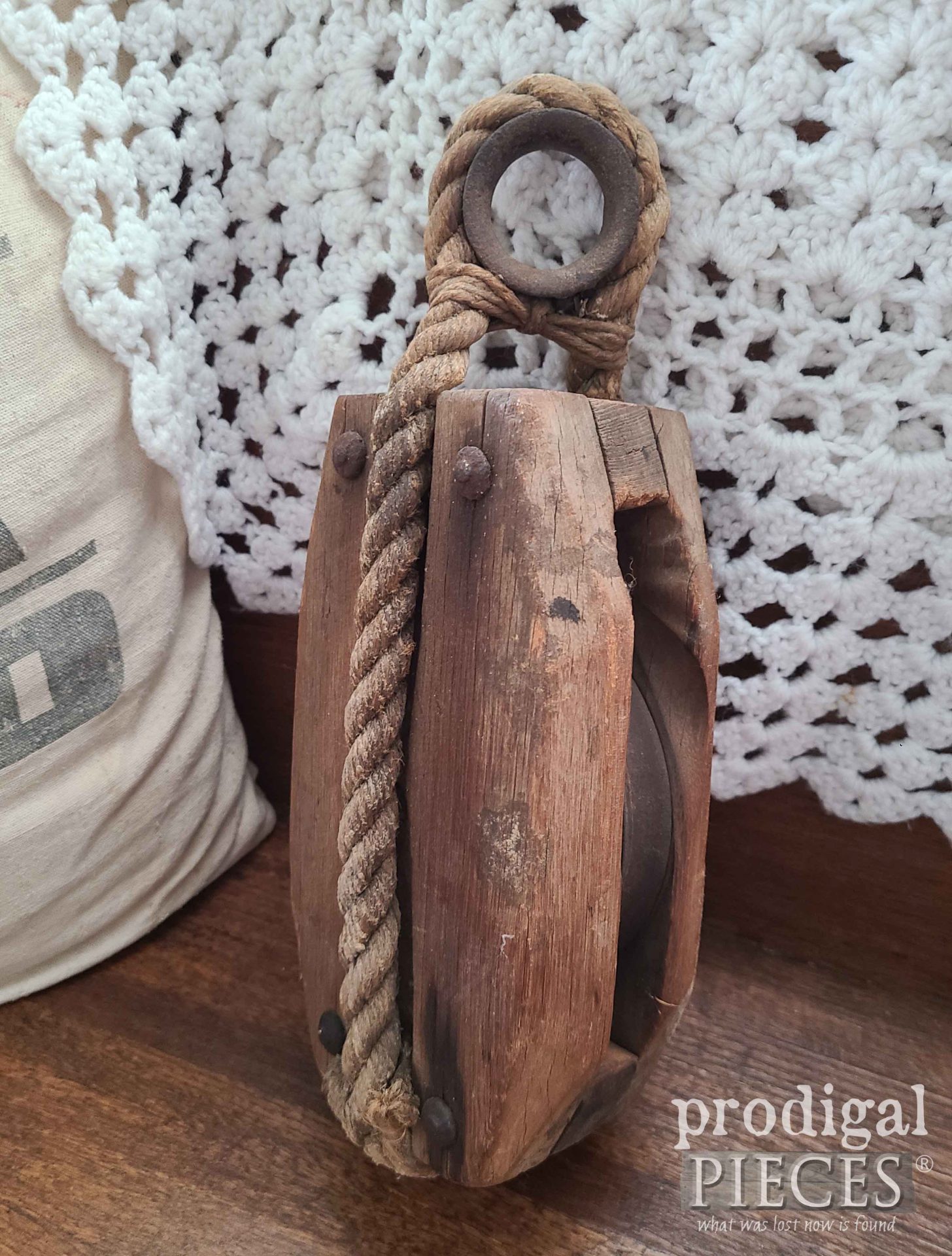 Antique Wooden Pulley for Farmhouse Decor and Thrifted Basket Makeover | prodigalpieces.com #prodigalpieces
