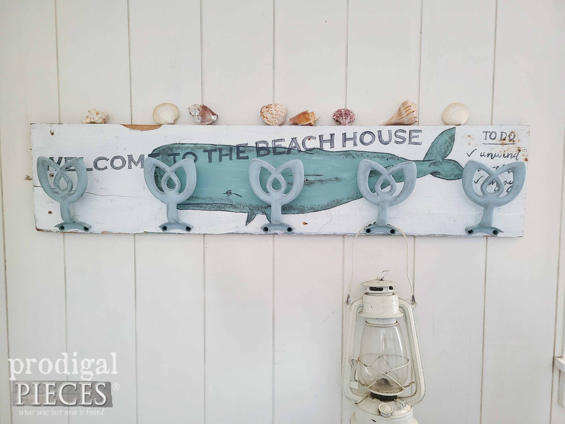 Beachy Farmhouse Coat Rack Built with Reclaimed Wood and Upcycled Ceiling Fan Hardware by Larissa of Prodigal Pieces | prodigalpieces.com #prodigalpieces #farmhouse #coastal