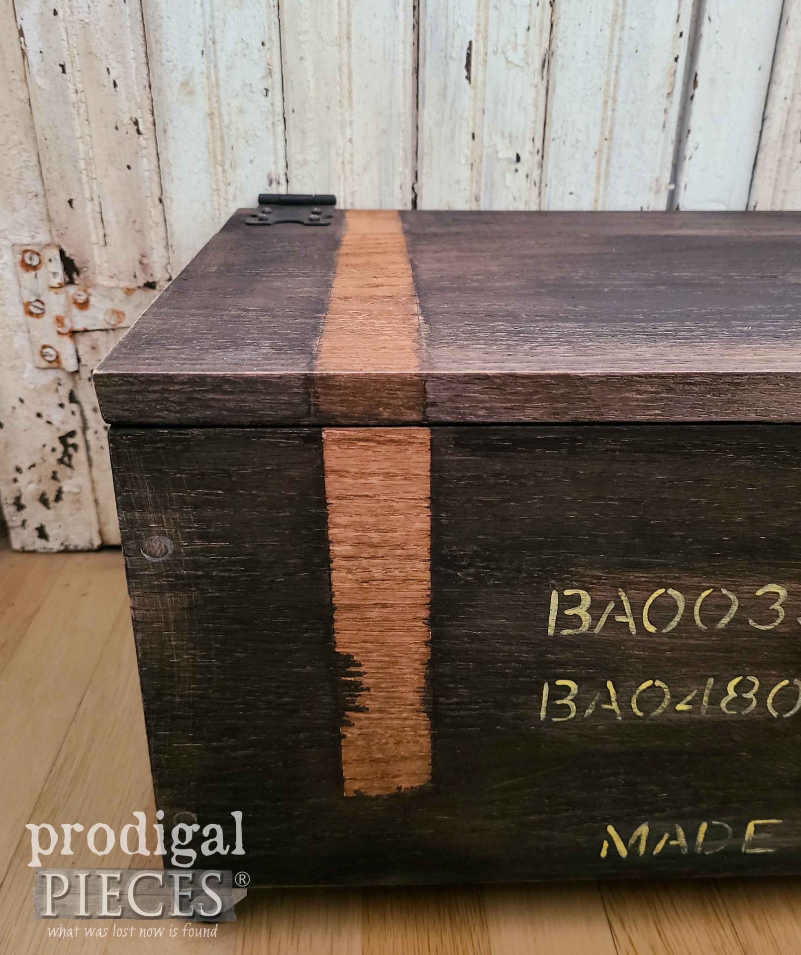 Closeup View of DIY Ammunition Box from Upcycled Broken Cradle by Larissa of Prodigal Pieces | prodigalpieces.com #prodigalpieces #diy #woodworking #home #farmhoiuse