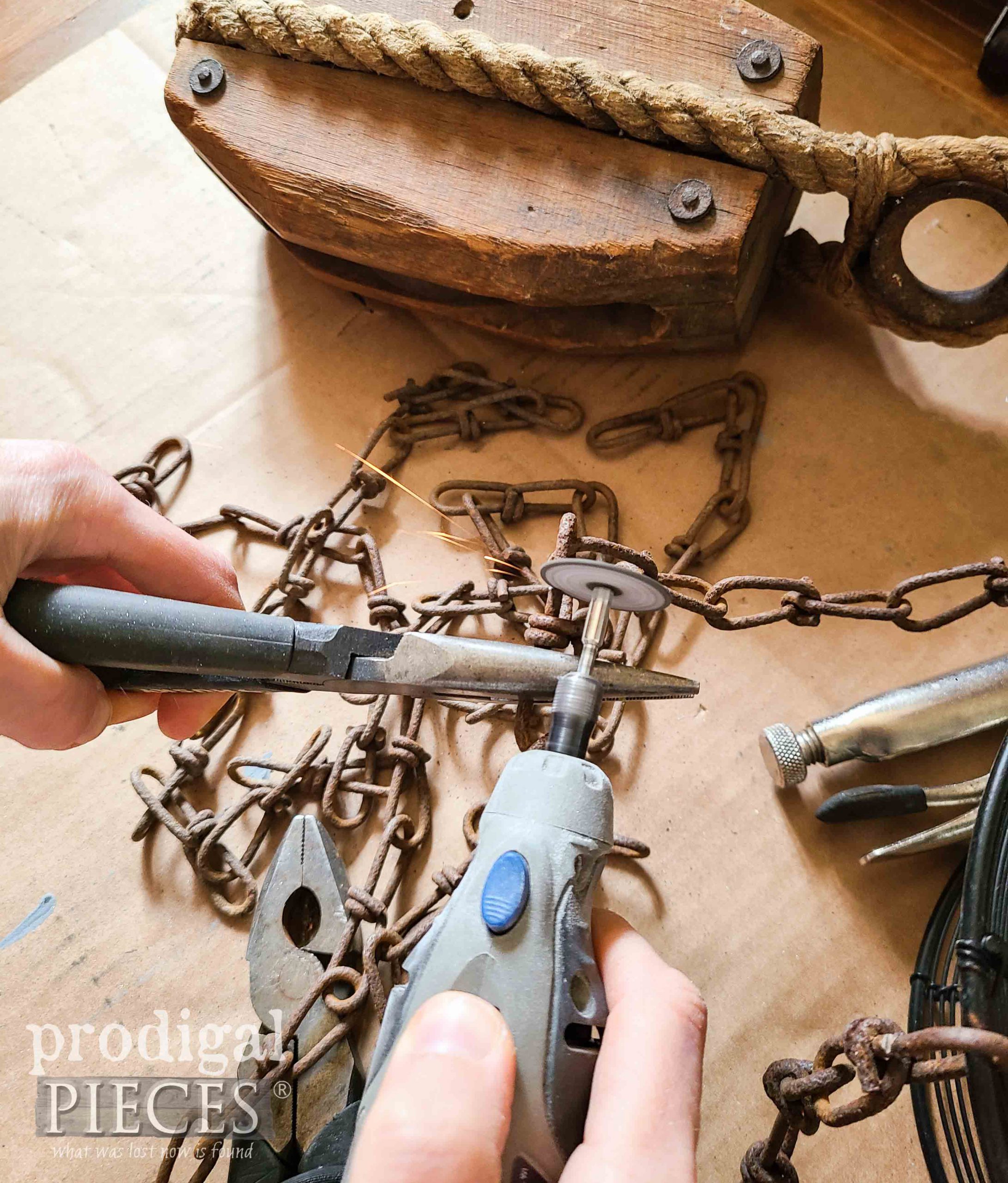 Using Dremel to Cut Chain for Thrifted Basket Makeover | prodigalpieces.com