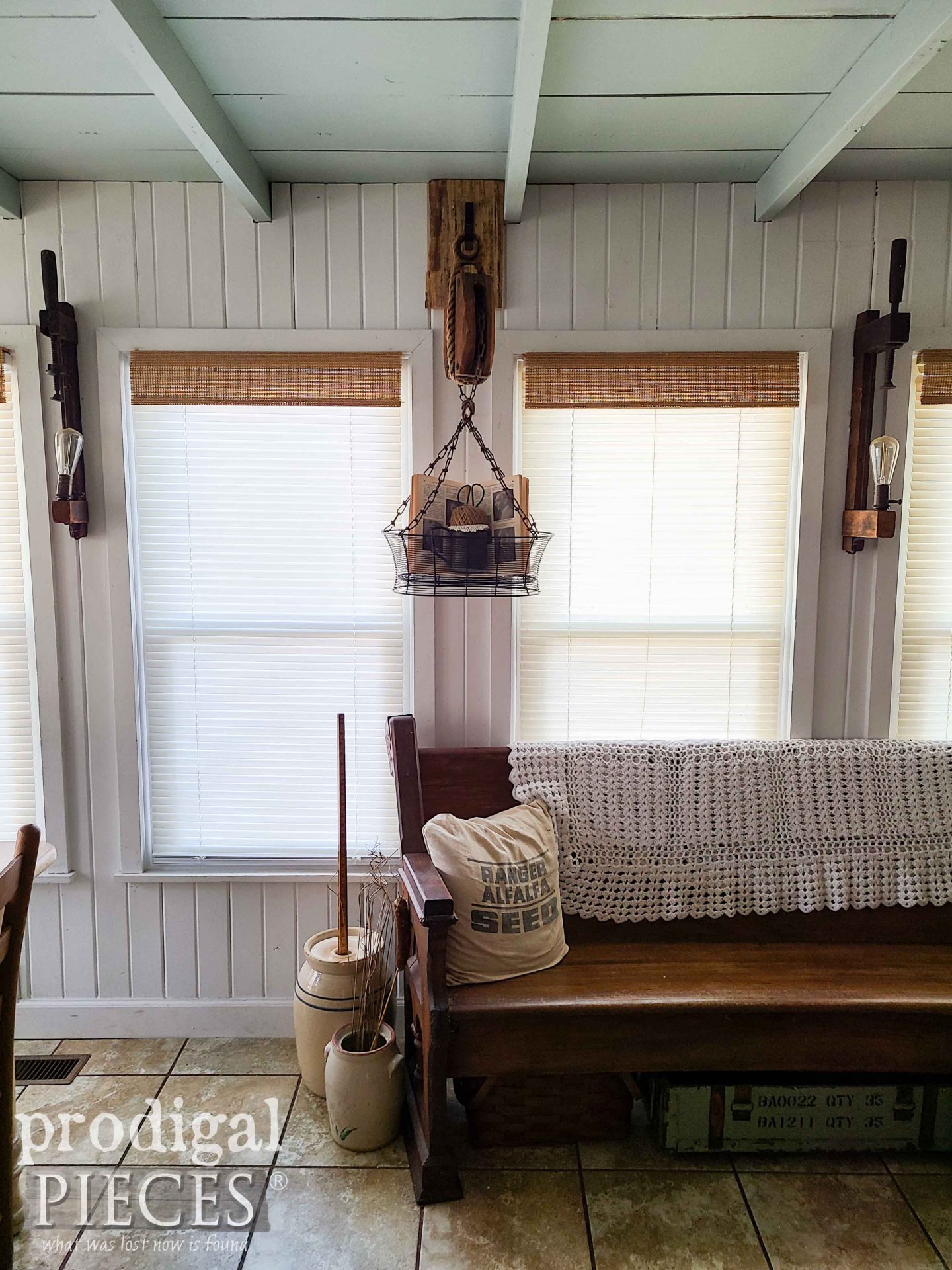 Antique Farmhouse Pulley with Hanging Thrifed Basket Makeover by Larissa of Prodigal Pieces | prodigalpieces.com #prodigalpieces #farmhouse #diy #upcycled #homedecor