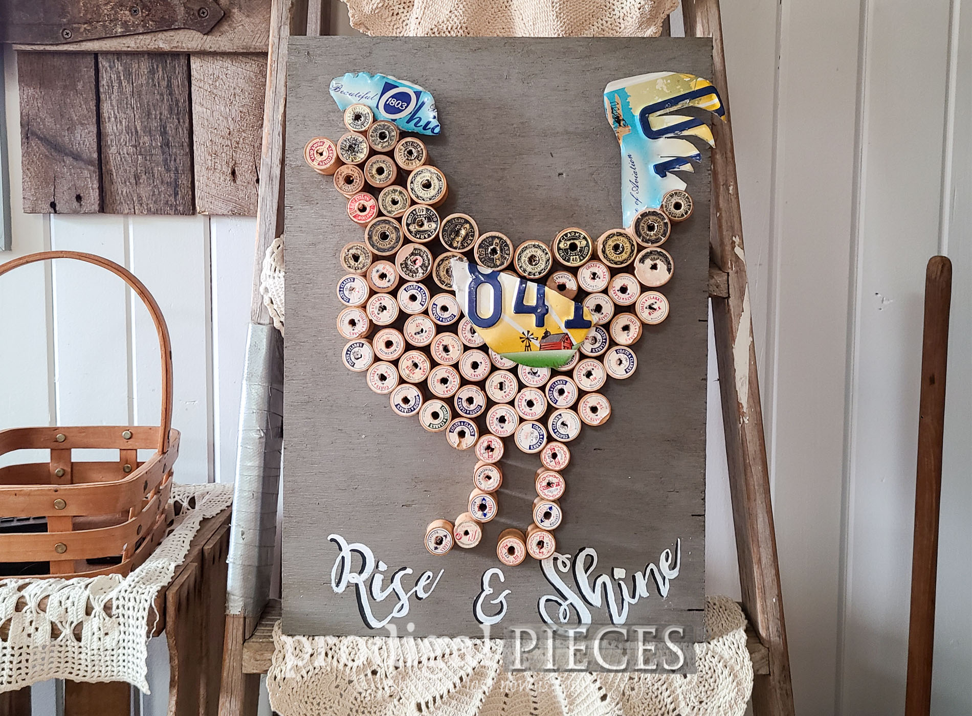 Featured Upcycled Wooden Thread Spool Art Created by Larissa of Prodigal Pieces | prodigalpieces.com #prodigalpieces #art #reclaimed #sewing #farmhouse #chicken