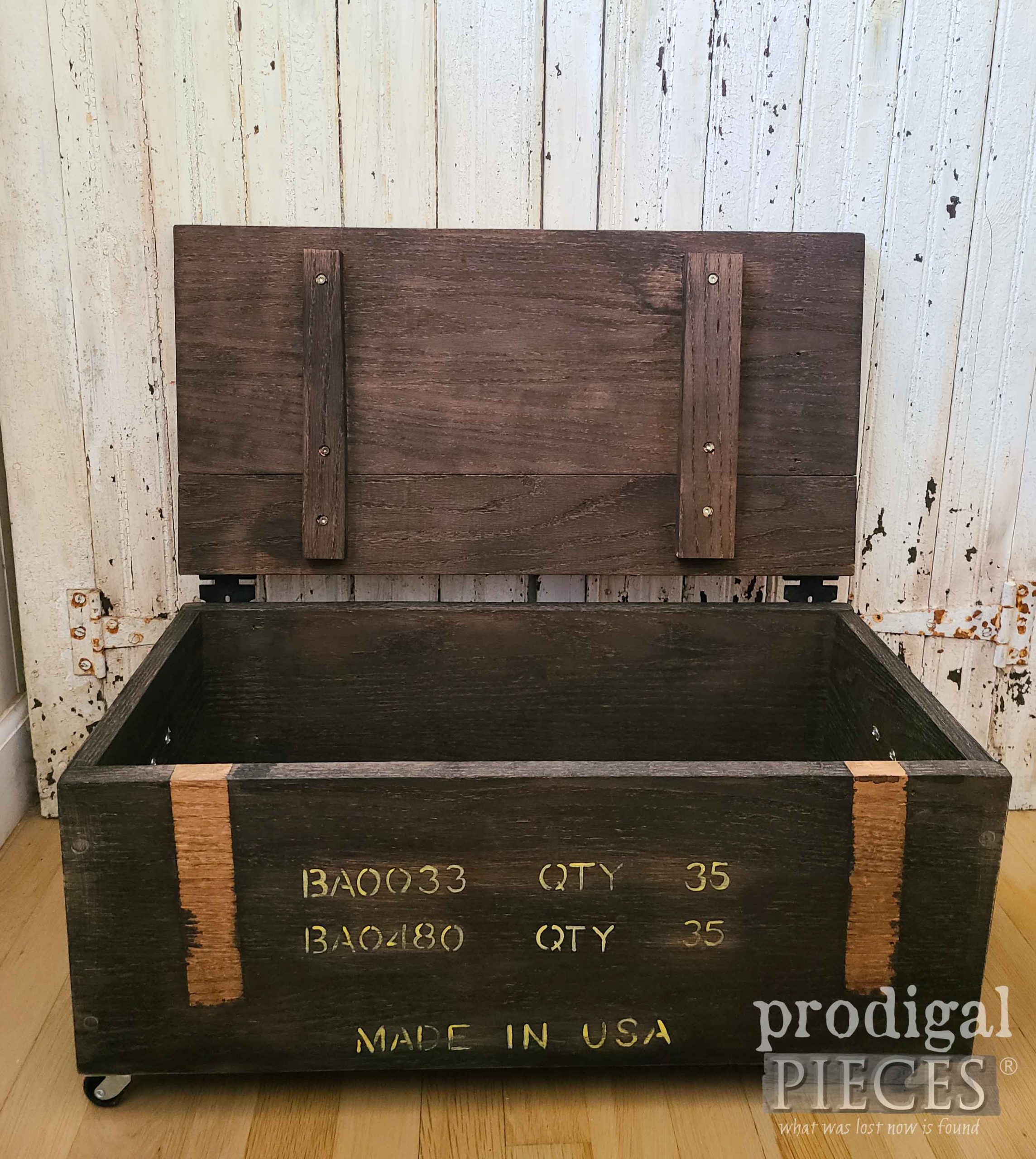 Open Lid of DIY Ammo Box from Upcycled Cradle by Larissa of Prodigal Pieces | prodigalpieces.com #prodigalpieces #farmhouse #home #diy #industrial