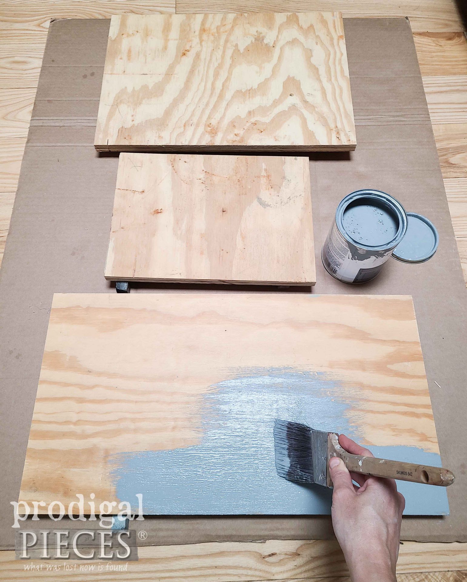 Painting Plywood Backing for Upcycled Wooden Thread Spool Art | prodigalpieces.com #prodigalpieces