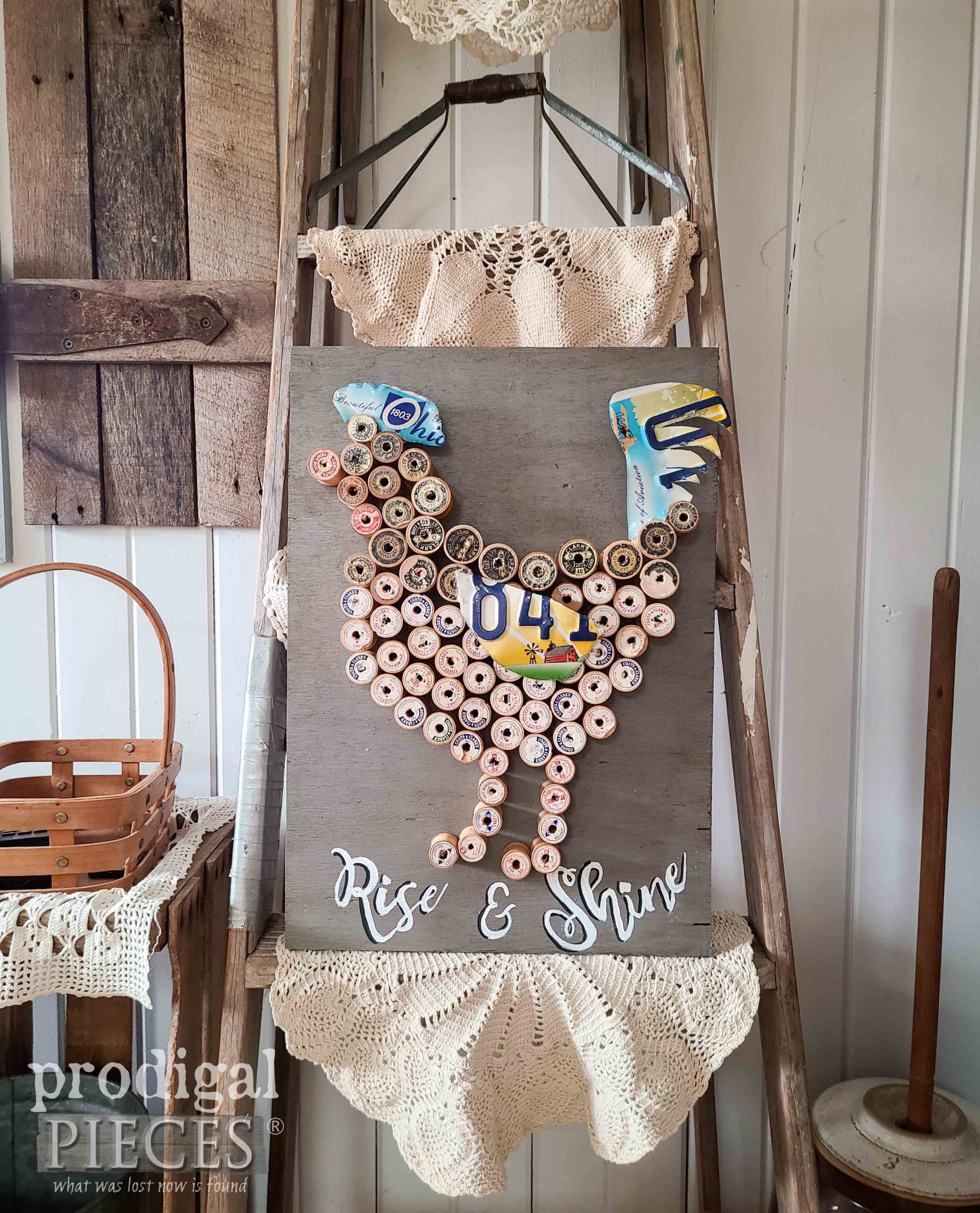 Rise & Shine Rooster Art Created from Upcycled Spool Collection by Larissa of Prodigal Pieces | prodigalpieces.com #prodigalpieces #farmhouse #art