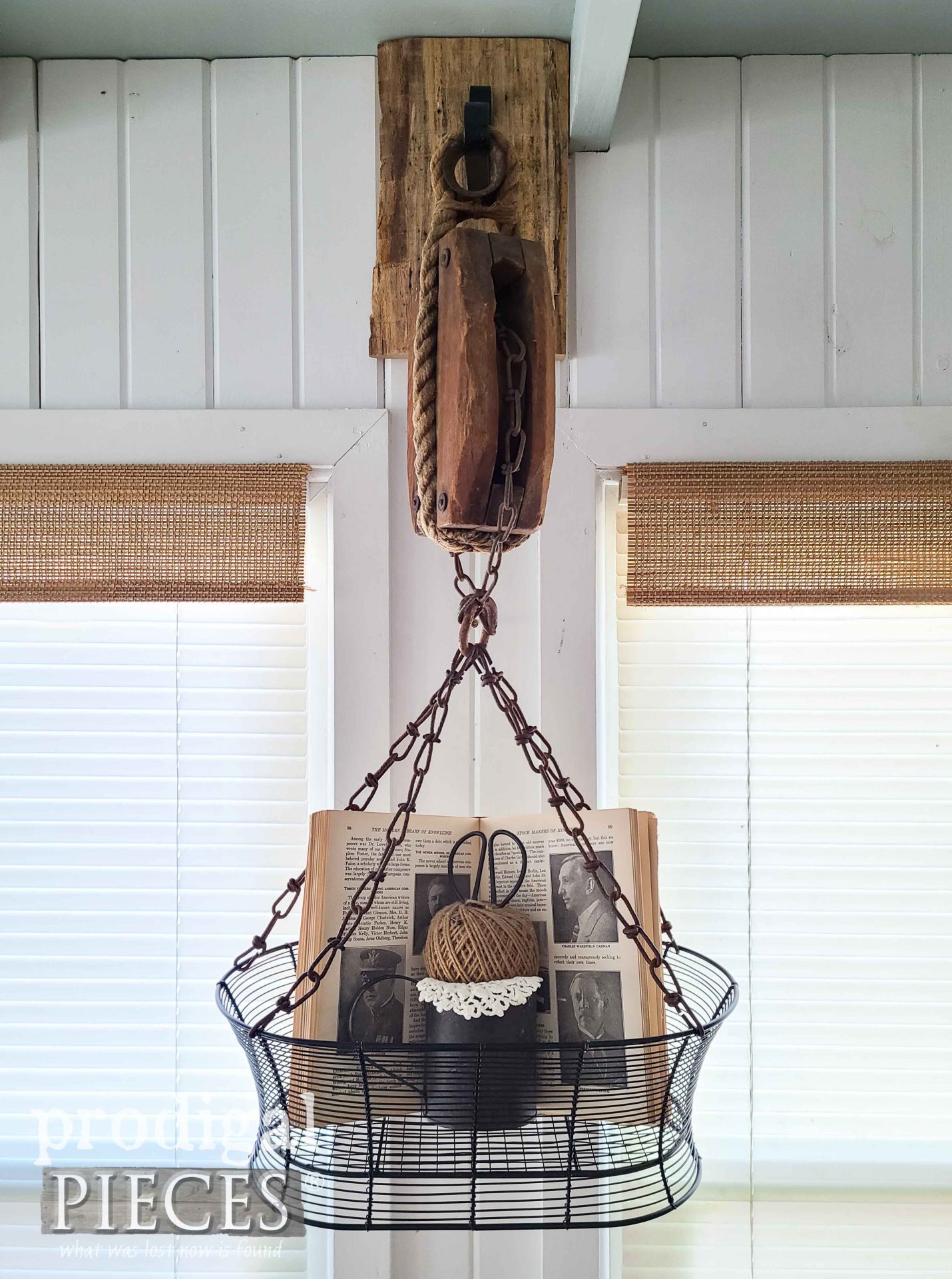 Thrifted Basket Makeover Paired with Antique Pulley by Larissa of Prodigal Pieces | prodigalpieces.com #prodigalpieces #farmhouse #industrial #home