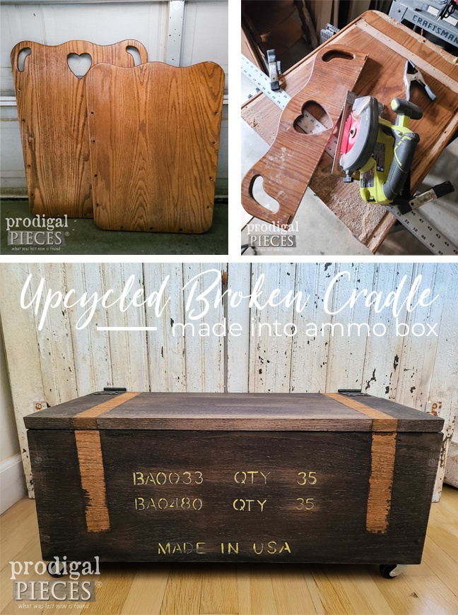 Larissa of Prodigal Pieces takes an upcycled broken cradle and turns it into a DIY ammo box for farmhouse decor | Head to prodigalpieces.com #prodigalpieces #diy #upcycled #reclaimed #farmhouse