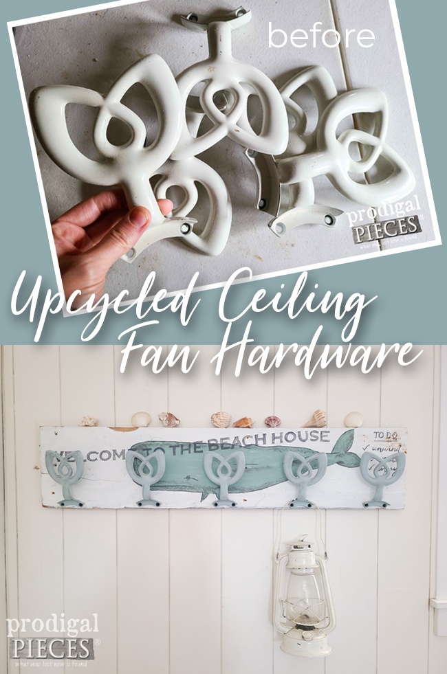 A whimsical beachy farmhouse coat rack made from upcycled ceiling fan hardware is a fun DIY. See the details by Larissa of Prodigal Pieces | prodigalpieces.com #prodigalpieces #farmhouse #beach #diy