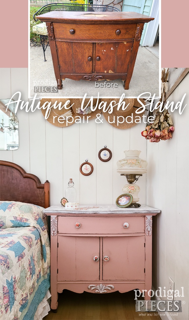 An antique wash stand is in rough shape, but Larissa of Prodigal Pieces gives it new life and more. Come see at prodigalpieces.com #prodigalpieces #antique #farmhouse #shabbychic #furniture