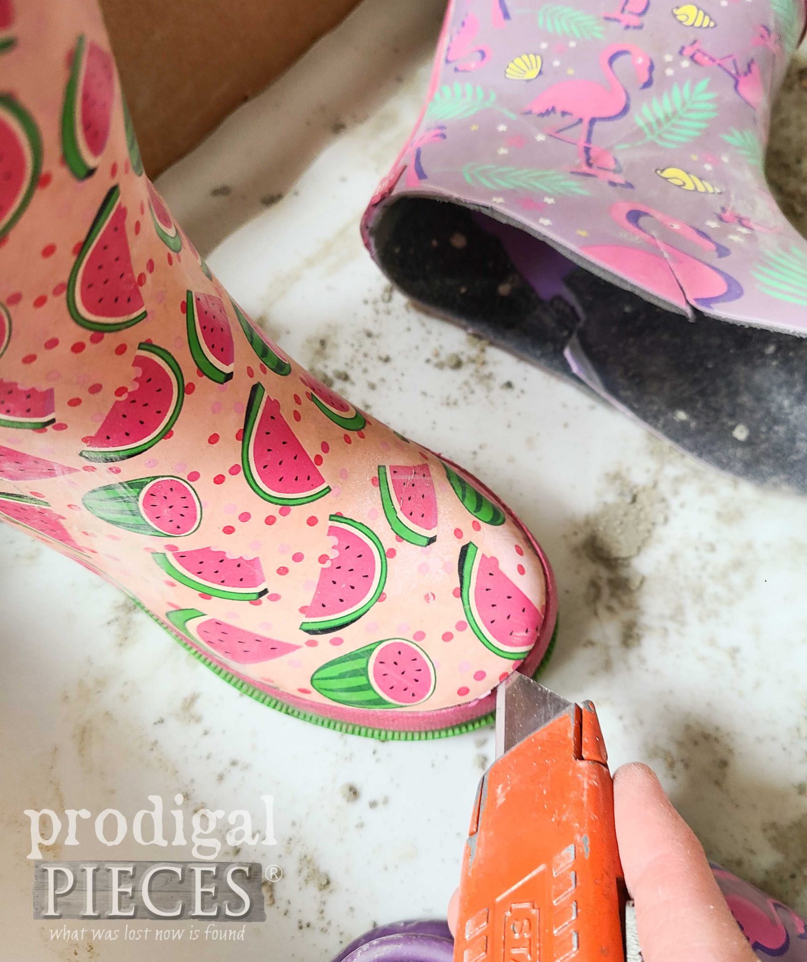 Cutting Rubber Boot off of Concrete Form for DIY Concrete Boot Sign | prodigalpieces.com