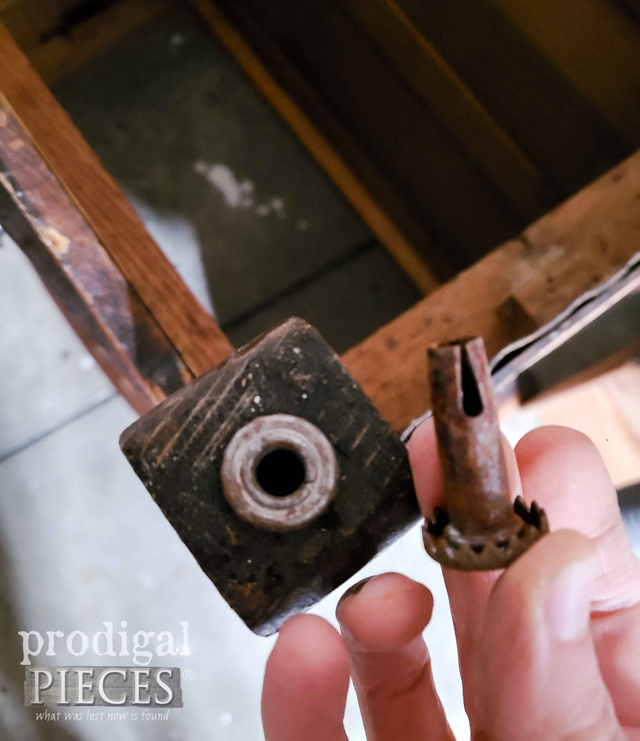 Inserting Casters into Antique Wash Stand | prodigalpieces.com