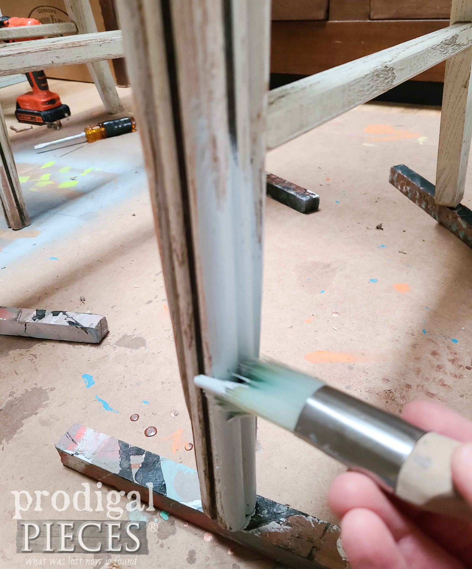 Painting Vintage Chairs Legs with Blue | prodigalpieces.com
