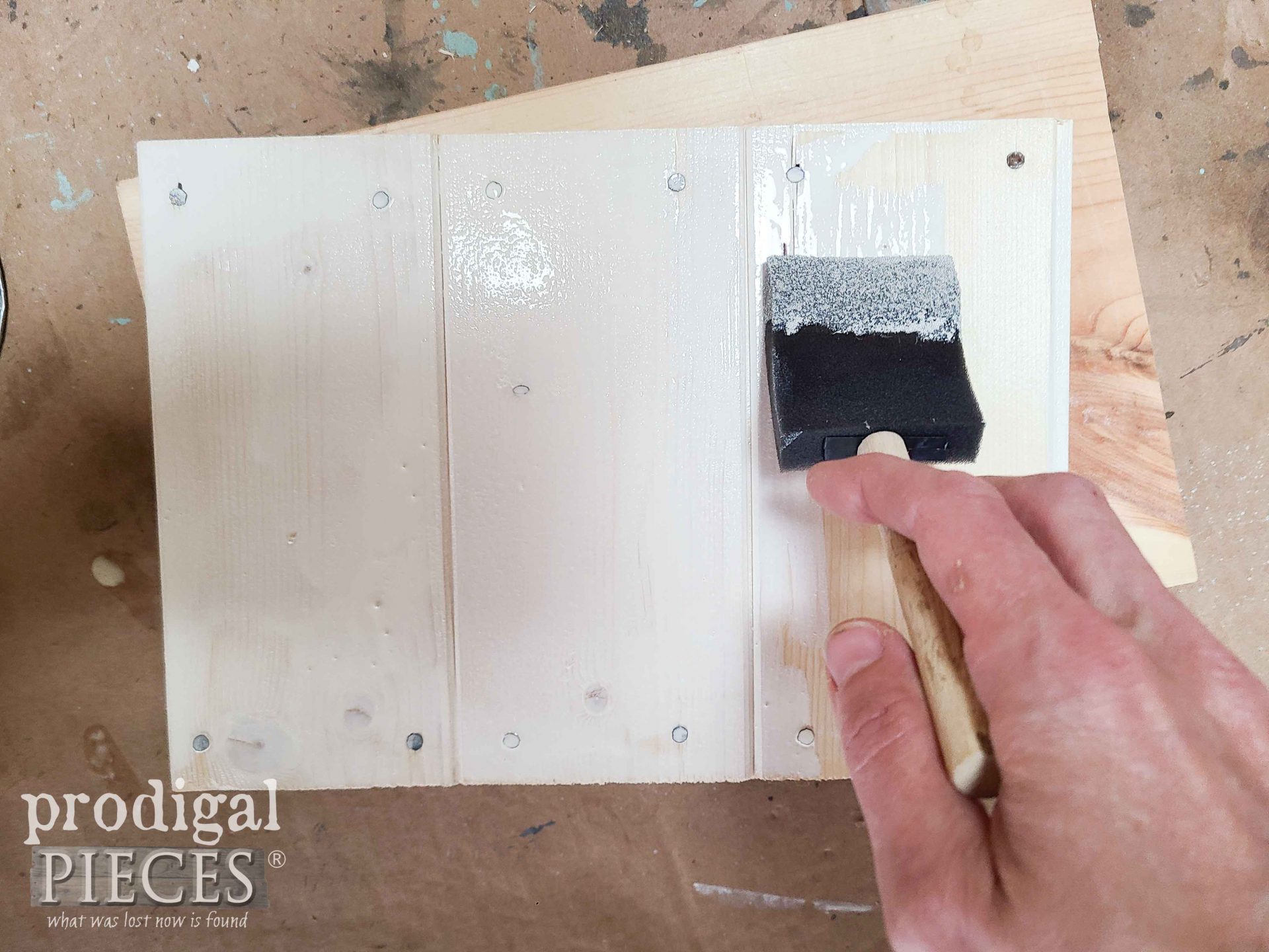 Staining Wood Slats with White Stain for DIY Concrete Boot Sign | prodigalpieces.com 