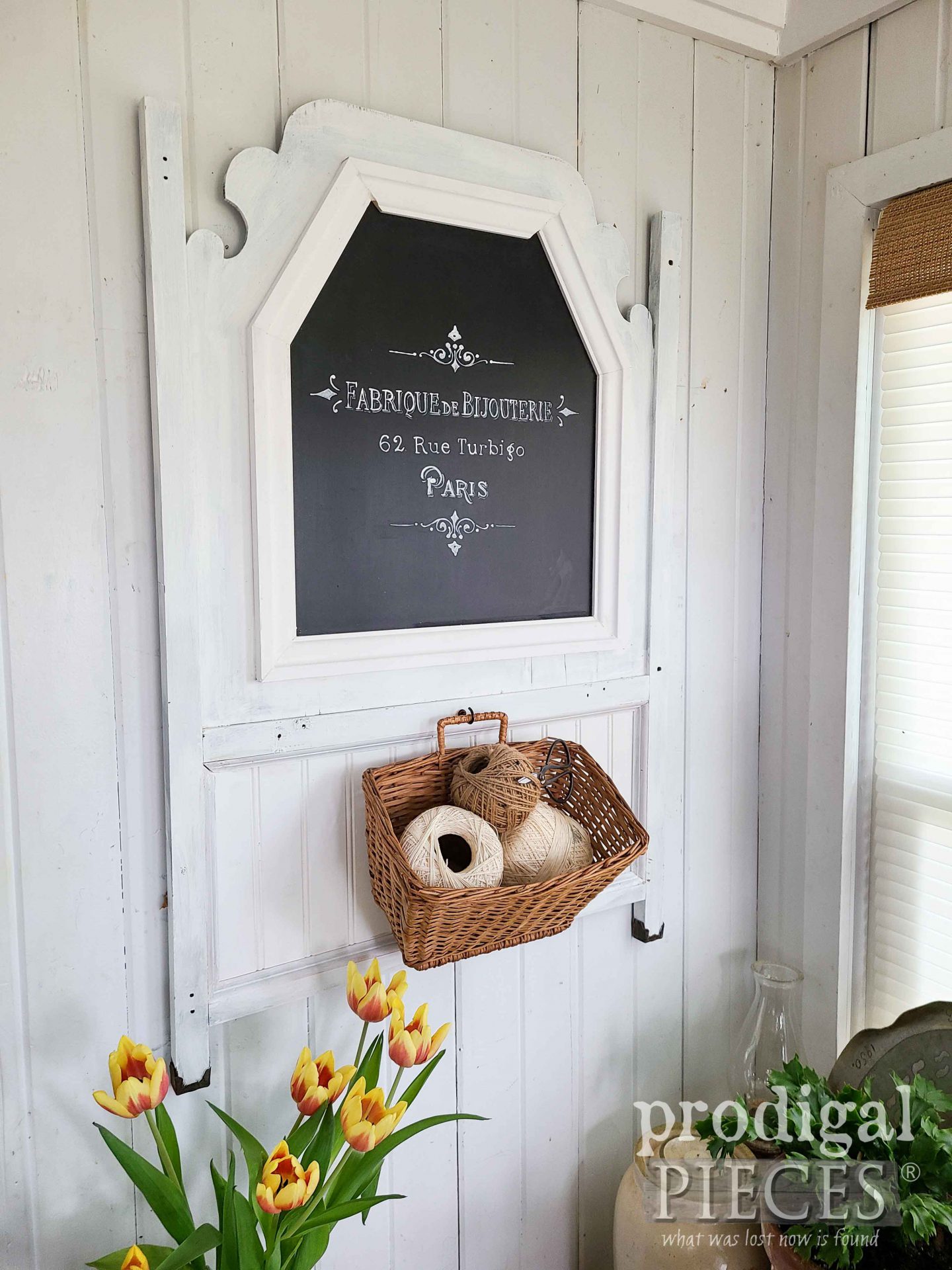 White French Jewelry Sign with Hanging Basket from Vintage Baby Crib by Larissa of Prodigal Pieces | prodigalpieces.com #prodigalpieces #french #farmhouse #diy