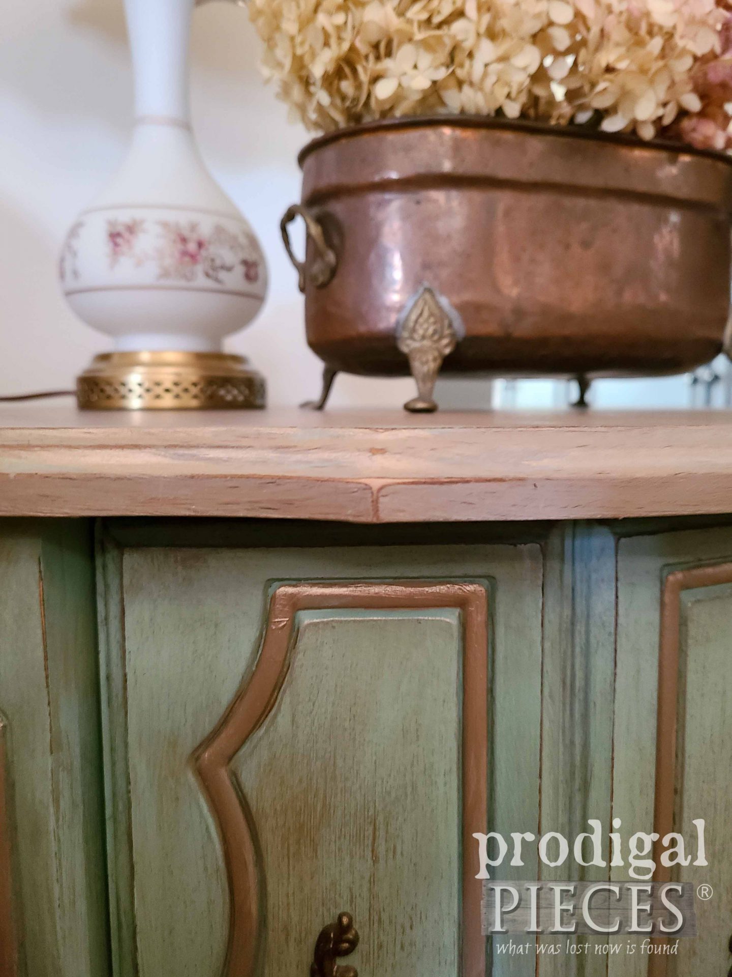 Closeup of Vintage French Provincial Side Table Gilding by Larissa of Prodigal Pieces | prodigalpieces.com #prodigalpieces #diy #homedecor #vintage