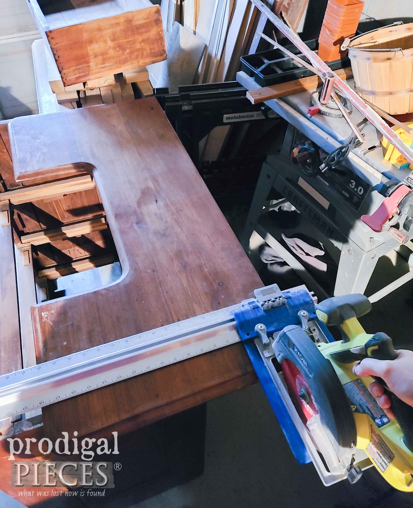 Cutting Damaged Chest of Drawers Top for Parts | prodigalpieces.com