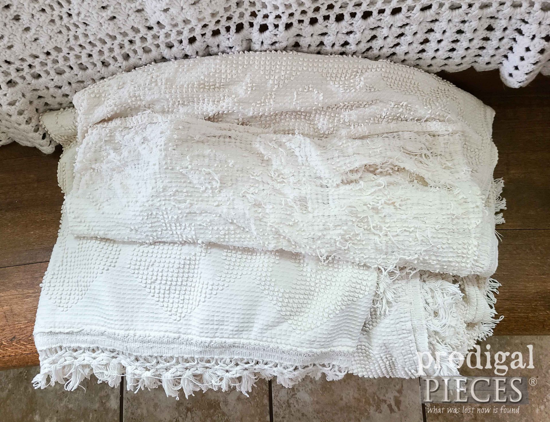 Damaged Chenelle Bedspread Before Upcycle by Larissa of Prodigal Pieces | prodigalpieces.com