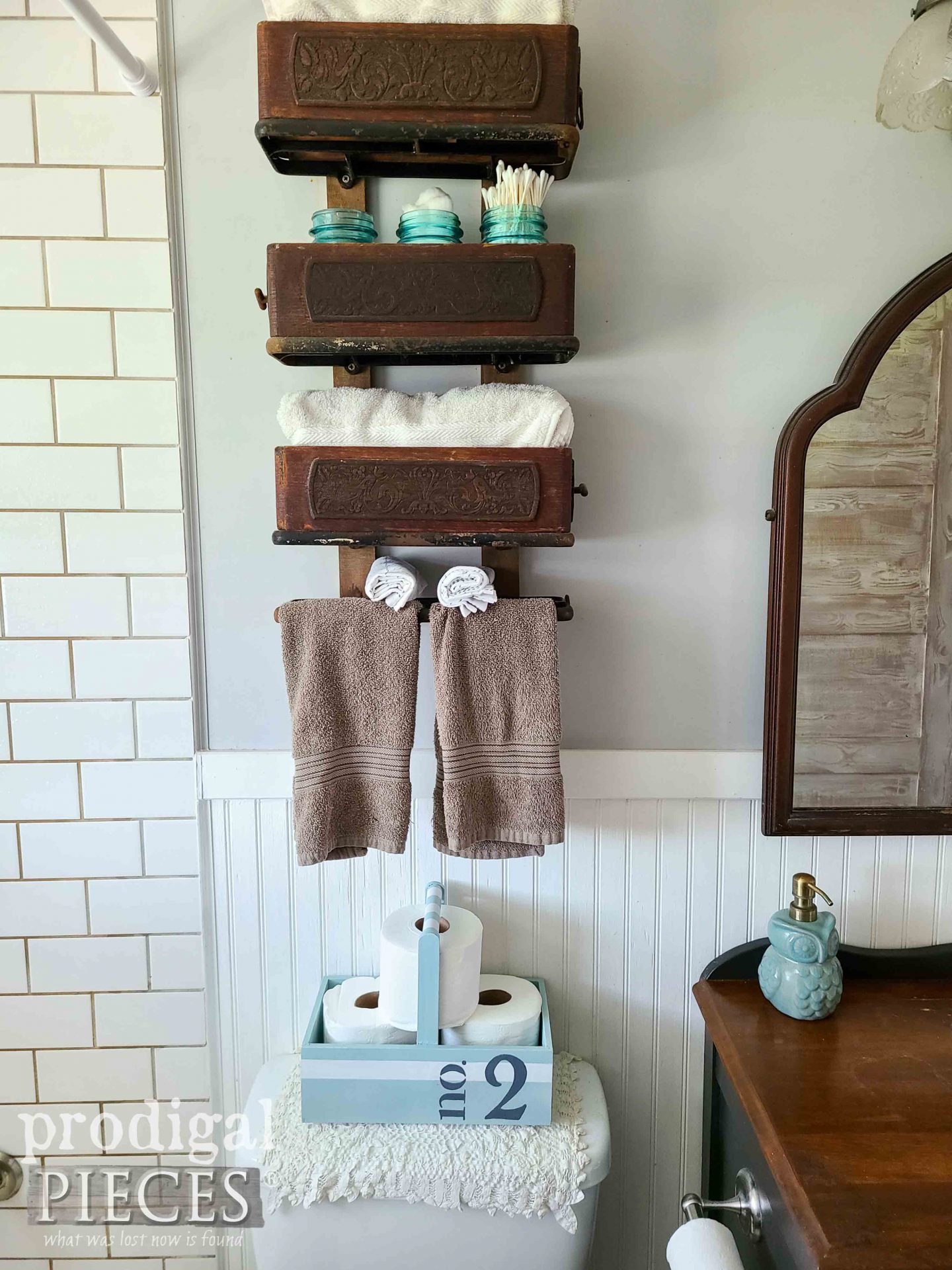 Farmhouse Bathroom Decor from Salvaged Finds ~ Farmhouse Totes by Larissa of Prodigal Pieces | prodigalpieces.com #prodigalpieces #diy #homedecor