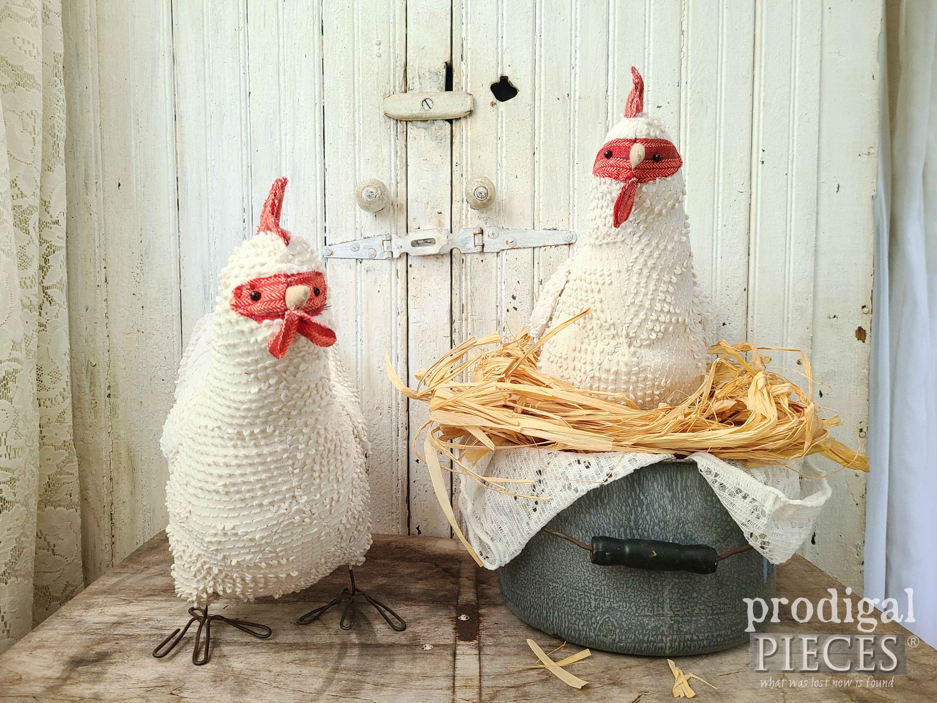 Absolutely Adorable Life-Size Chicken Refashioned from an Upcycled Chenille Bedspread by Larissa of Prodigal Pieces | prodigalpieces.com #prodigalpieces #farmhouse #chicken #art #handmade