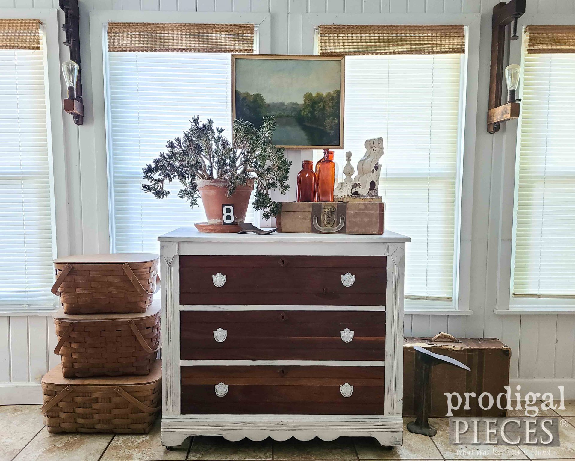 Farmhouse Furniture Vignette Featuring a Damaged Chest of Drawers Restored by Larissa of Prodigal Pieces | prodigalpieces.com #prodigalpieces #farmhouse #furntiure #antique