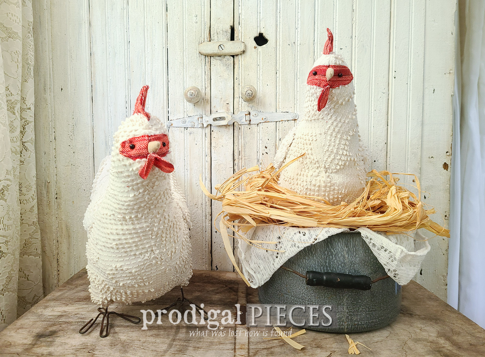 Featured Upcycled Chenille Bedspread Chicken Created by Larissa of Prodigal Pieces | prodigalpieces.com #prodigalpieces #sewing #chicken #refashion #diy