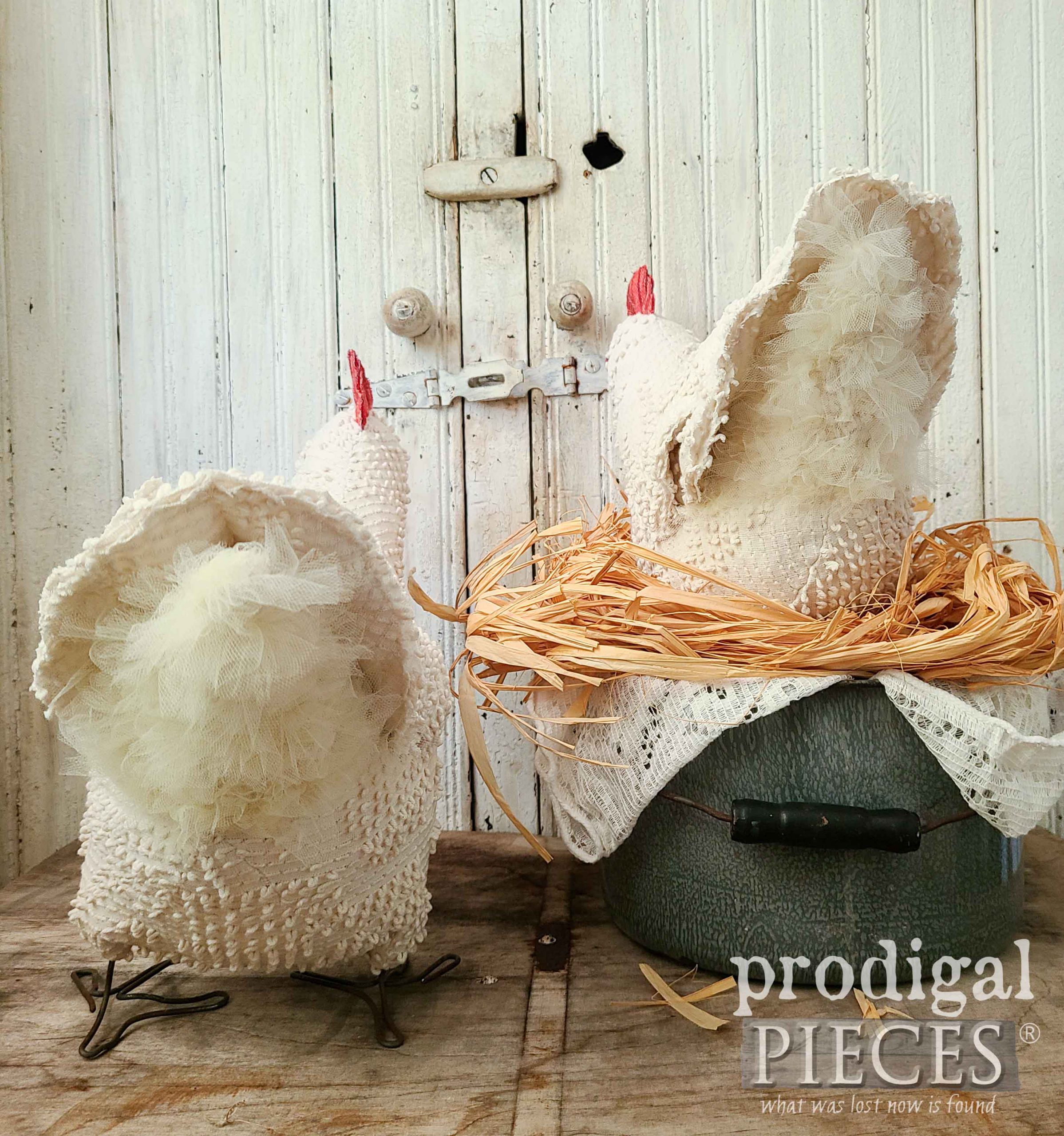 Fluffy Chicken Butts made from Upcycled Chenille Bedspread by Larissa of Prodigal Pieces | prodigalpieces.com #prodigalpieces #handmade #chicken #farmhouse
