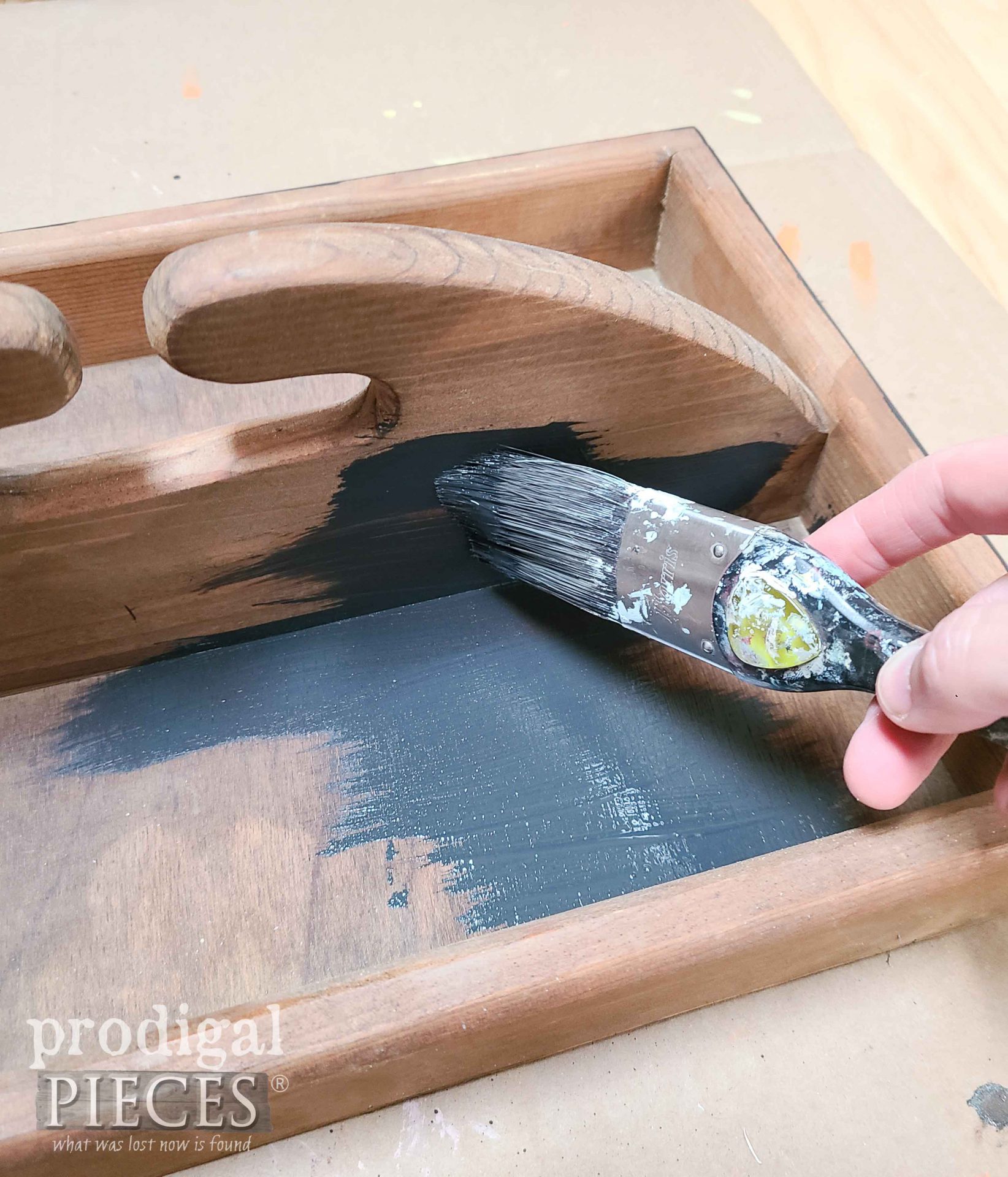 Painting Black Milk Paint on Thrited Tote | prodigalpieces.com