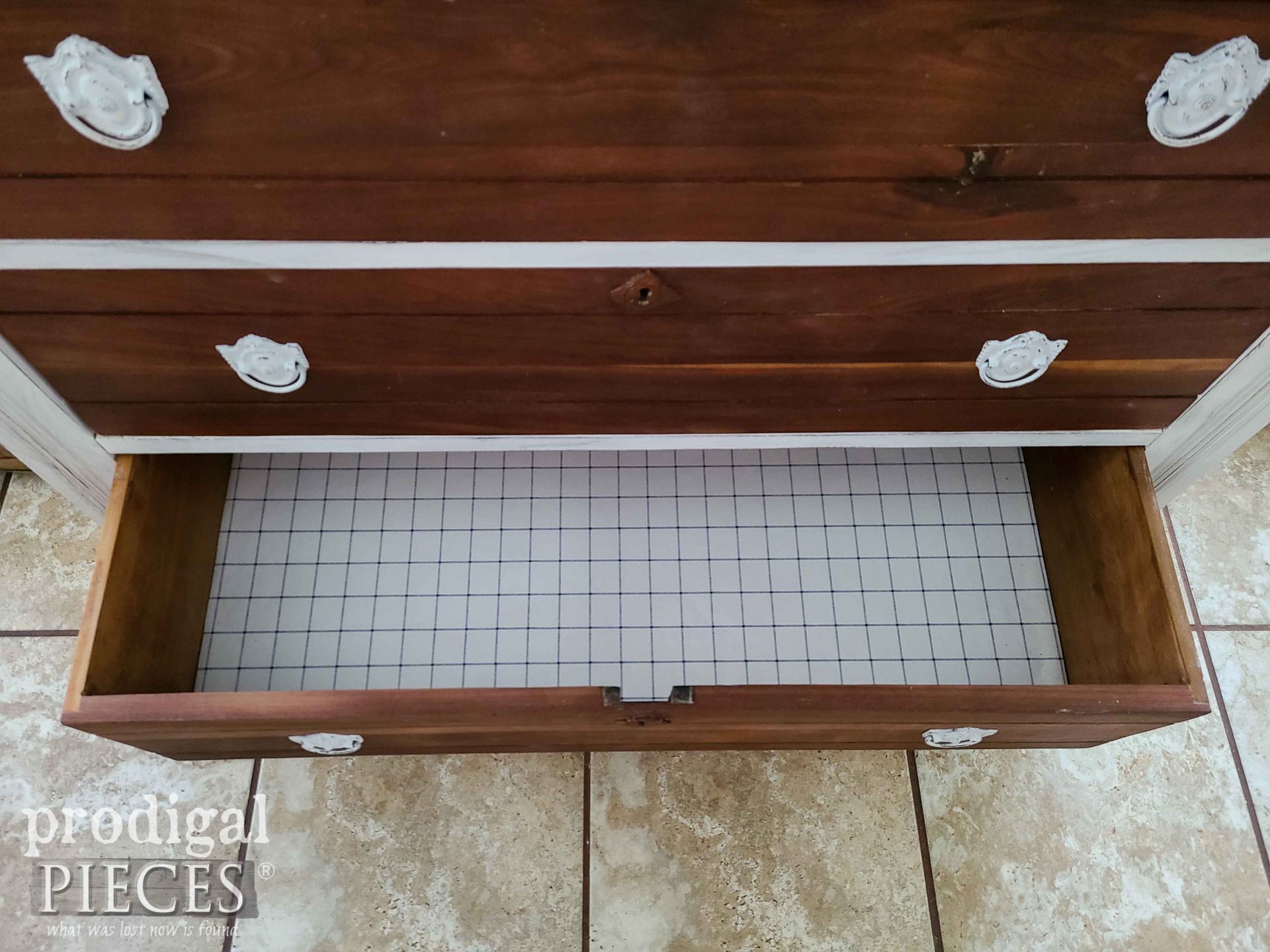 Paper-Lined Drawer of Damaged Chest of Drawers Restored by Larissa of Prodigal Pieces | prodigalpieces.com #prodigalpieces #antique #furniture #diy