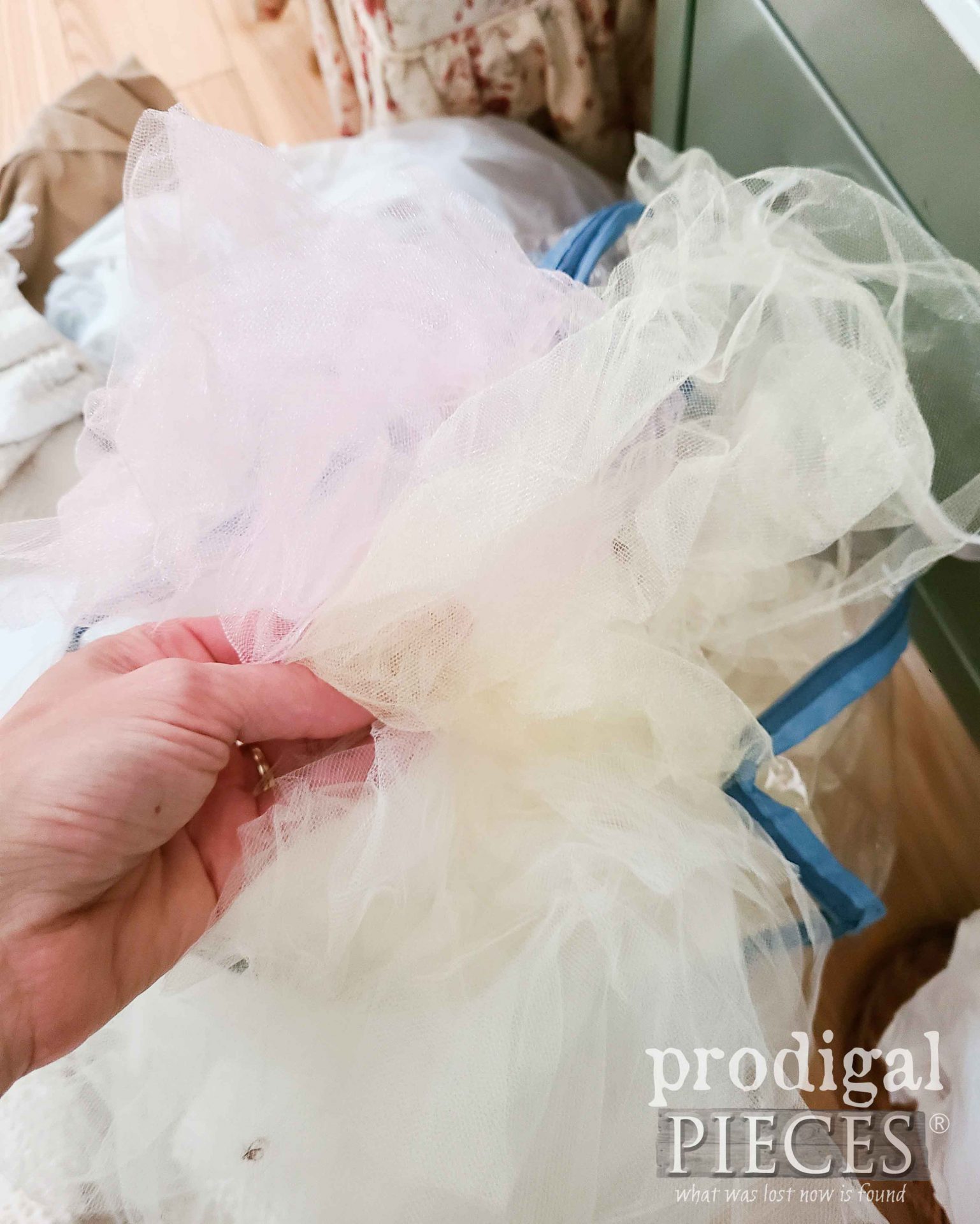 Salvaged Tulle for Upcycled Chenille Bedspread Chicken | prodigalpieces.com
