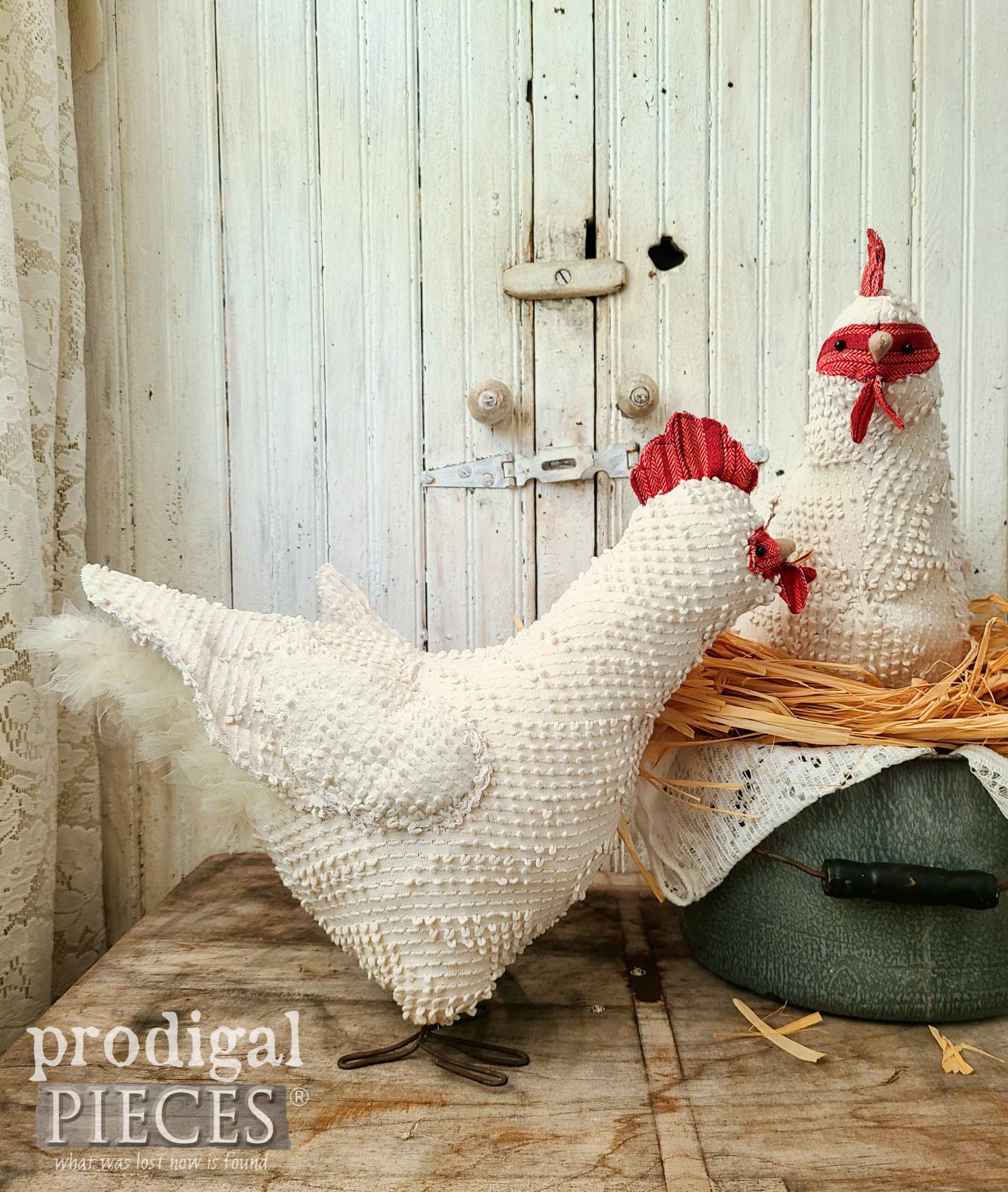 Side View of Upcycled Chenille Bedspread Chicken by Larissa of Prodigal Pieces | prodigalpieces.com #prodigalpieces #art #refashion #upcycled