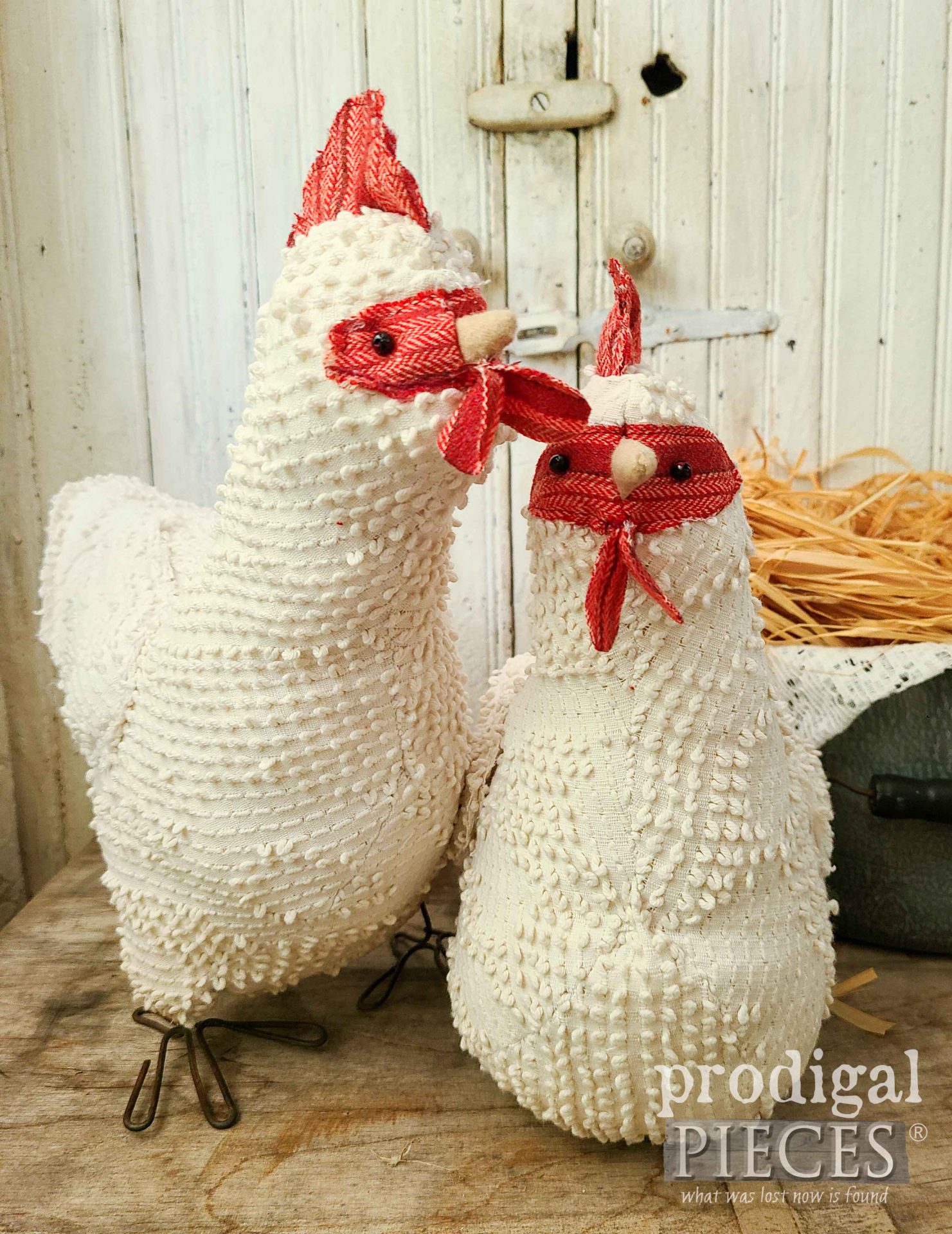 Sweet Chenille Chicken Sisters made by Larissa of Prodigal Pieces from an upcycled bedspread | prodigalpieces.com #prodigalpieces #handmade