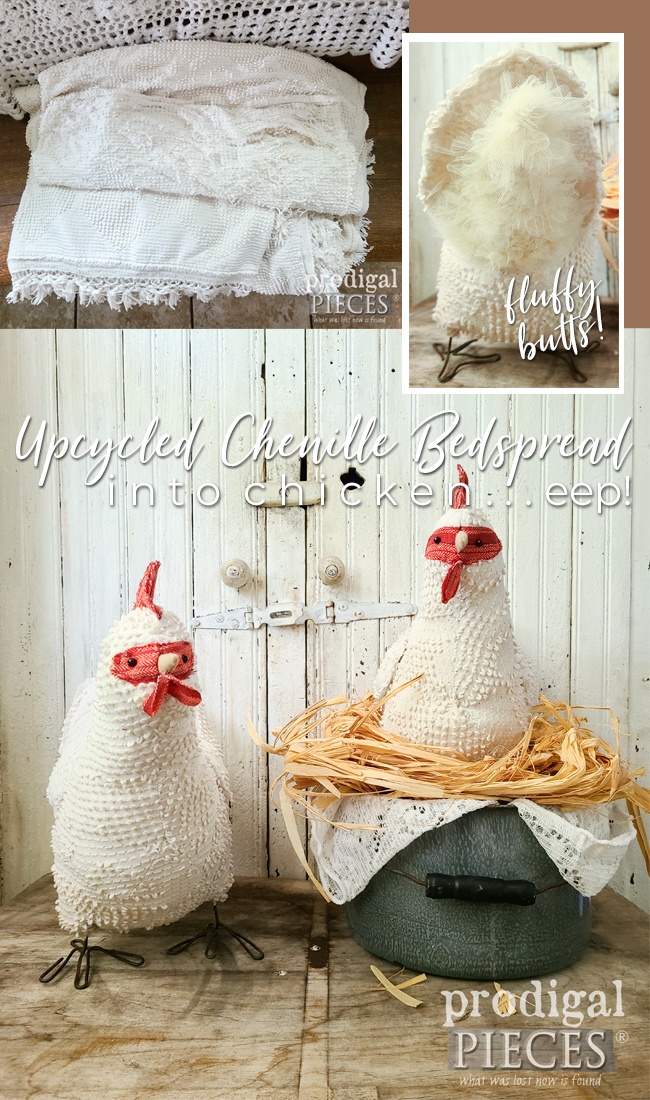 Who knew an upcycled chenille bedspread could be so cute? These handmade chicken by Larissa of Prodigal Pieces are a must-see at prodigalpieces.com #prodigalpieces #upcycled #chicken #farm