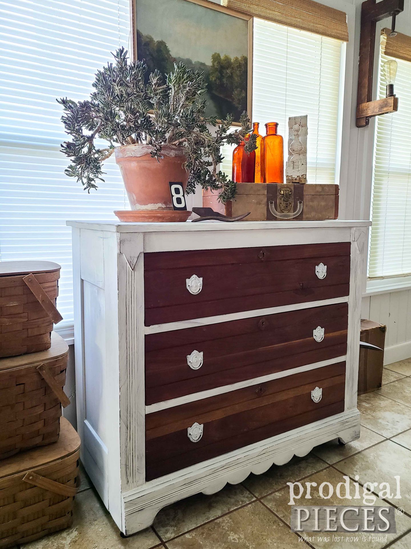 Painted White with Stained Wood Antique Chest of Drawers Renewed by Larissa of Prodigal Pieces | prodigalpieces.com #prodigalpieces #rustic #farmhouse #homedecor