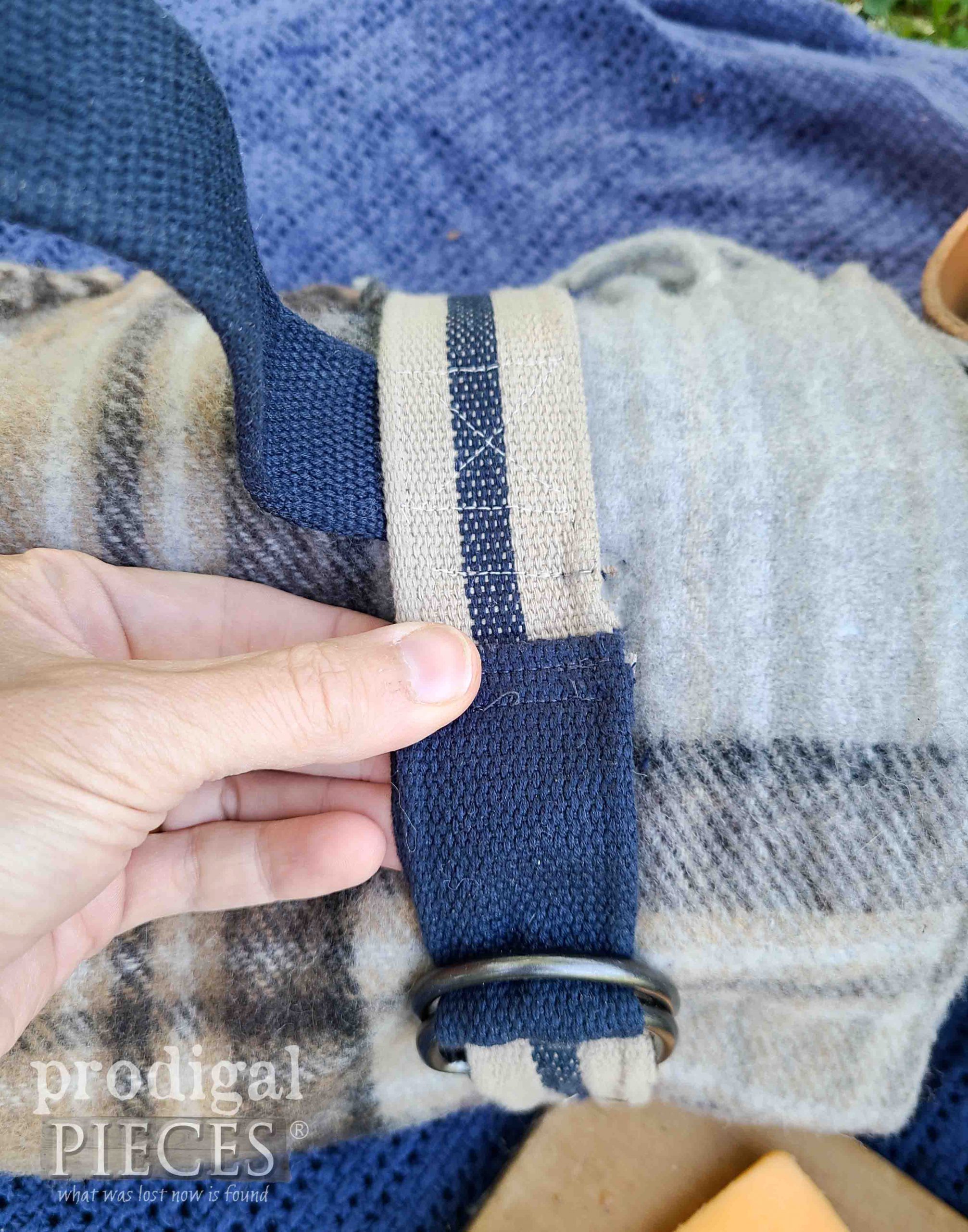 Box Stitching on DIY Blanket Carrier from Upcycled Belts by Larissa of Prodigal Pieces | prodigalpieces.com #prodigalpieces #diy #sewing #refashion #summer #giftidea