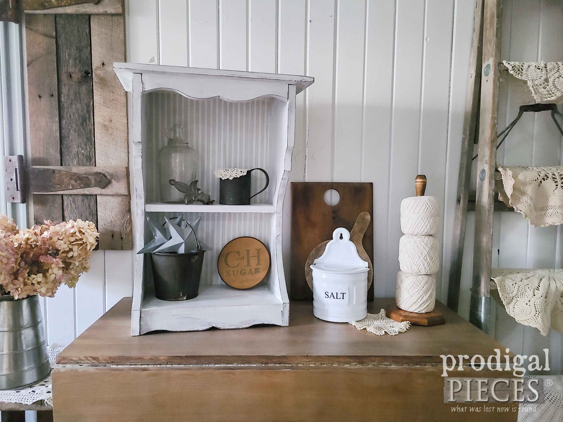 Chippy White Wooden Shelf Updated with Milk Paint by Larissa of Prodigal Pieces | prodigalpieces.com #prodigalpieces #farmhouse #diy