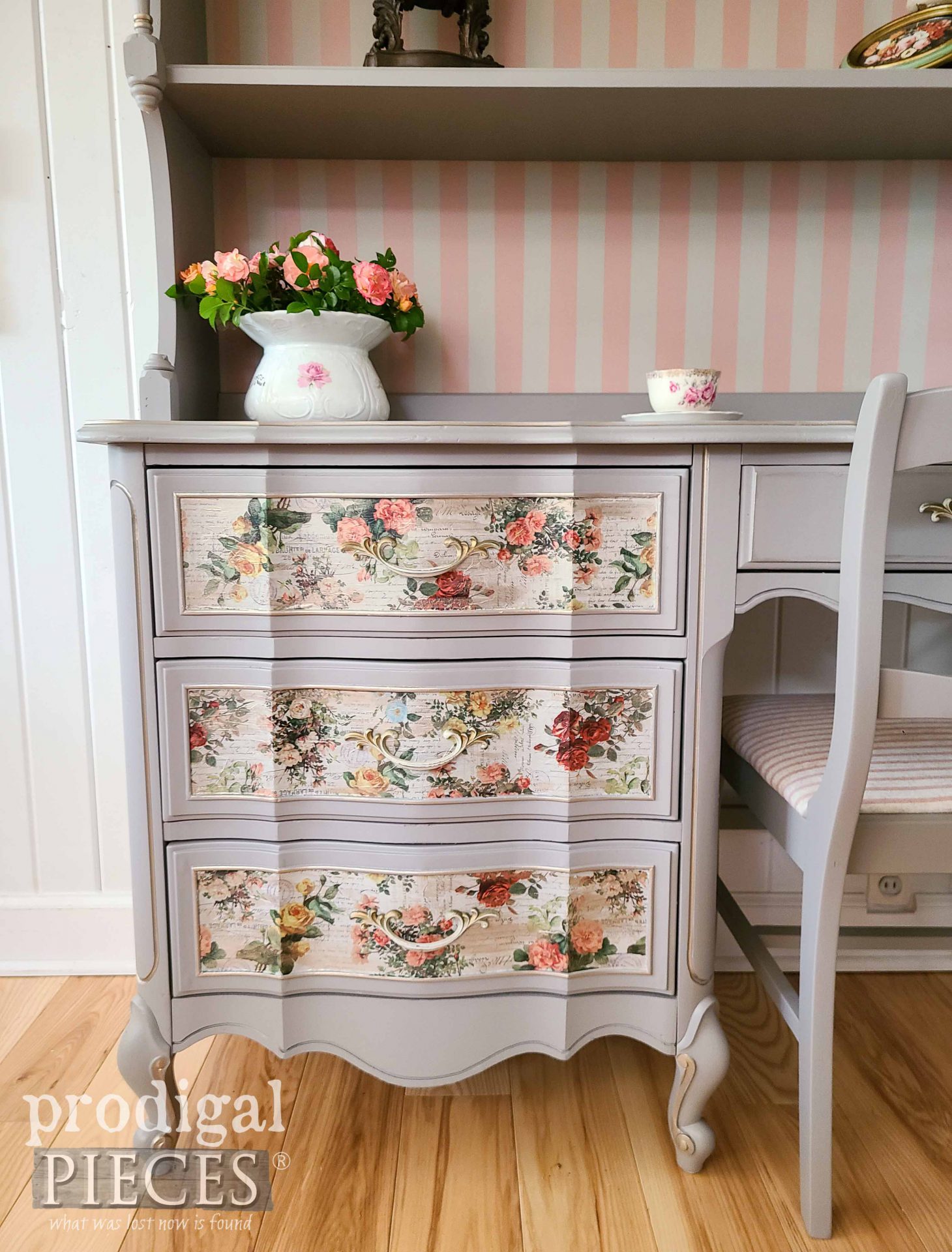 DIY Decoupaged Rose Drawer Fronts on Desk by Larissa of Prodigal Pieces | prodigalpieces.com #prodigalpieces #diy #furniture #french #vintage